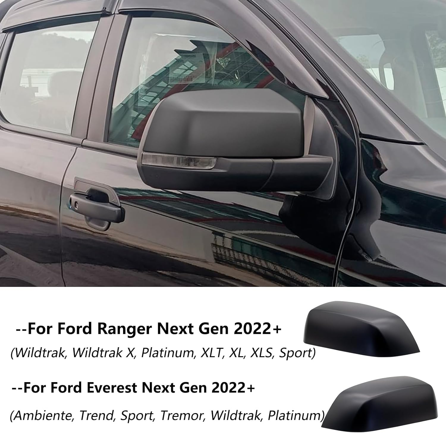 SUERAUTO4X4 Side Door Mirror Cover Cap for Ford Ranger and Ford Everest Next Gen 2022 2023 2024 2025 Accessories, Matte Black Left Right Side Door Rearview Wing Mirror Cover Trim, 2PCS image number 1