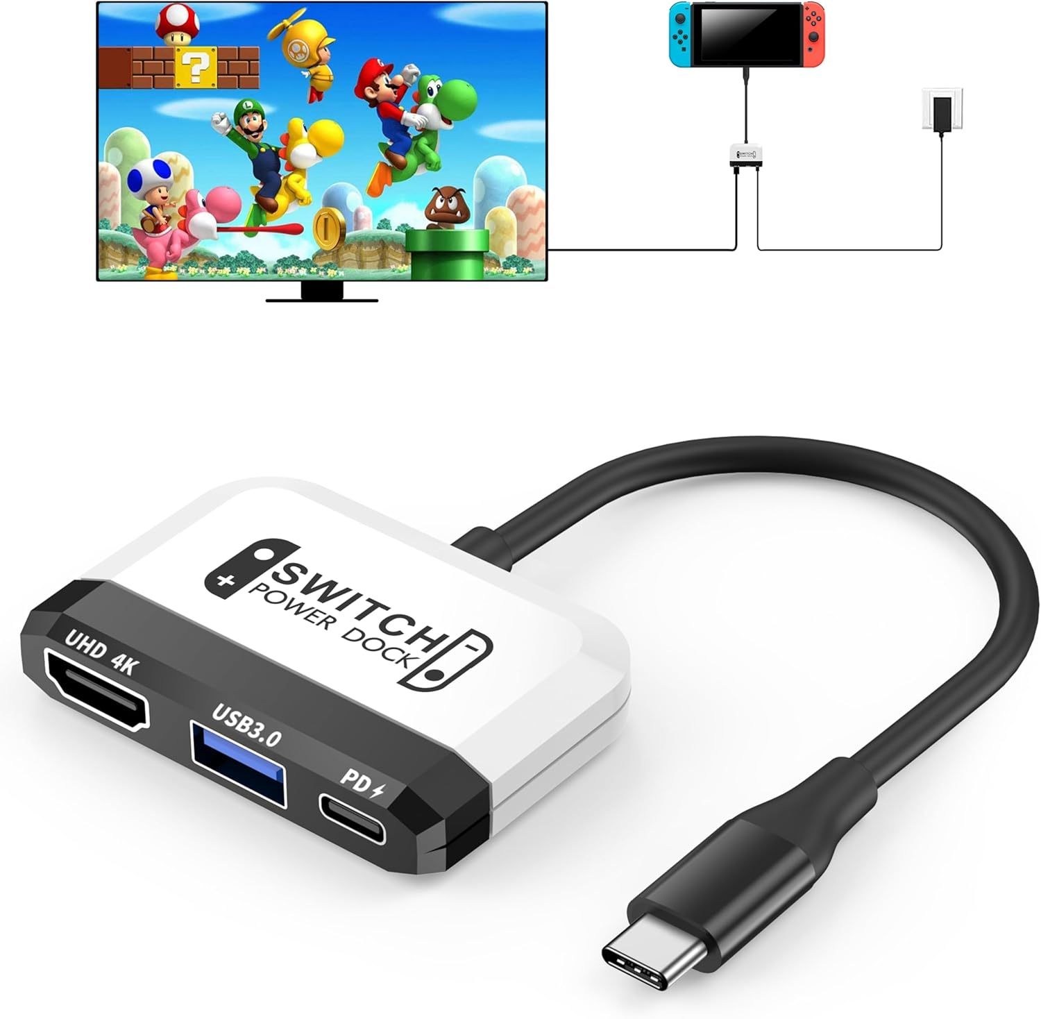 GKEAPZA Switch Dock for Nintendo Switch/Oled Switch,3-In-1 Portable TV Dock with 4K HDMI USB 3.0 Port USB C PD 100W Charging,Travel Docking Station Replacement for Switch (White)