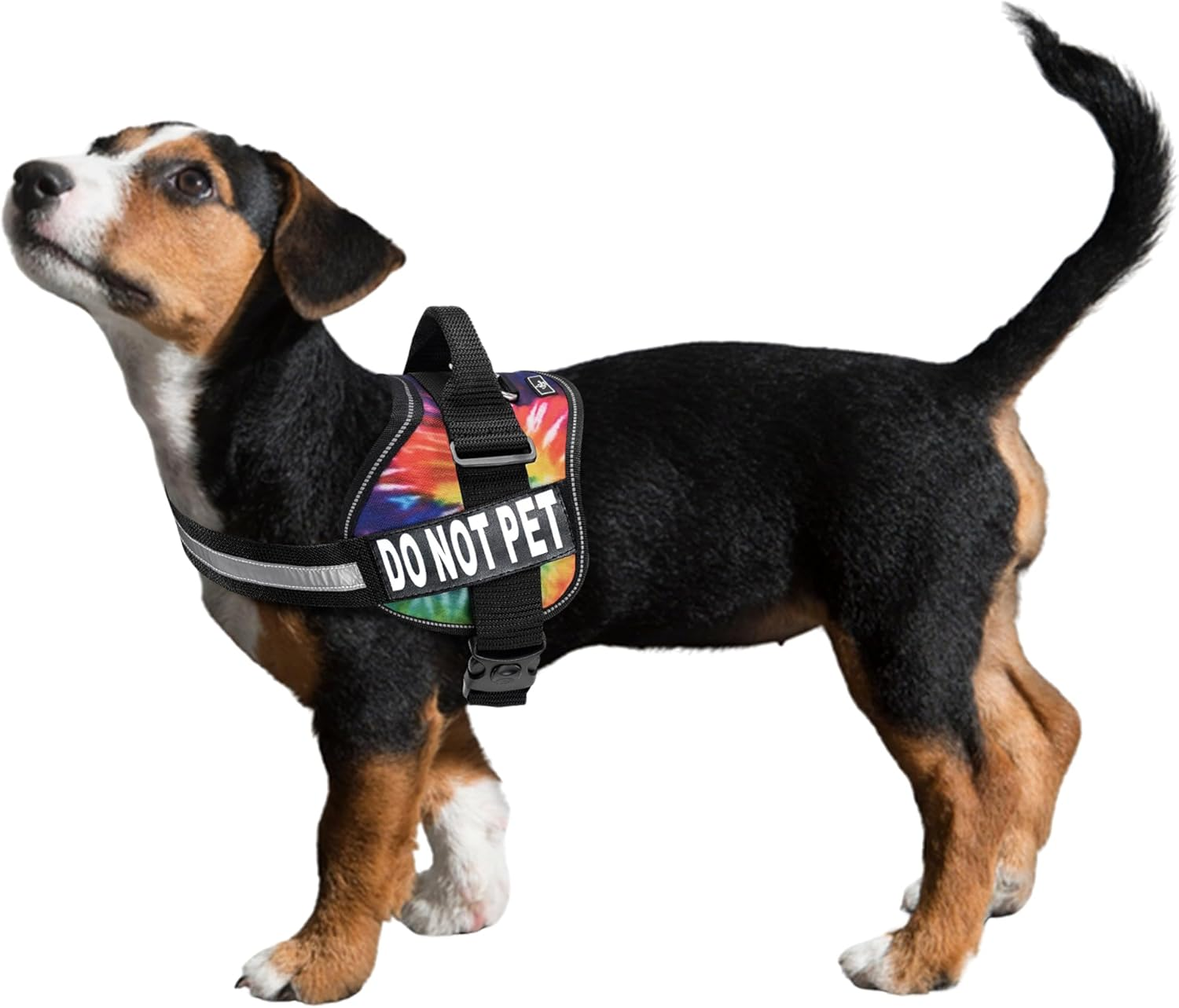 DO NOT PET Dog Vest Harness with Removable Patches and Reflective Trim. Comes with 2 DO NOT PET Reflective Removable Patches. Please Measure Dogs Girth before Purchase