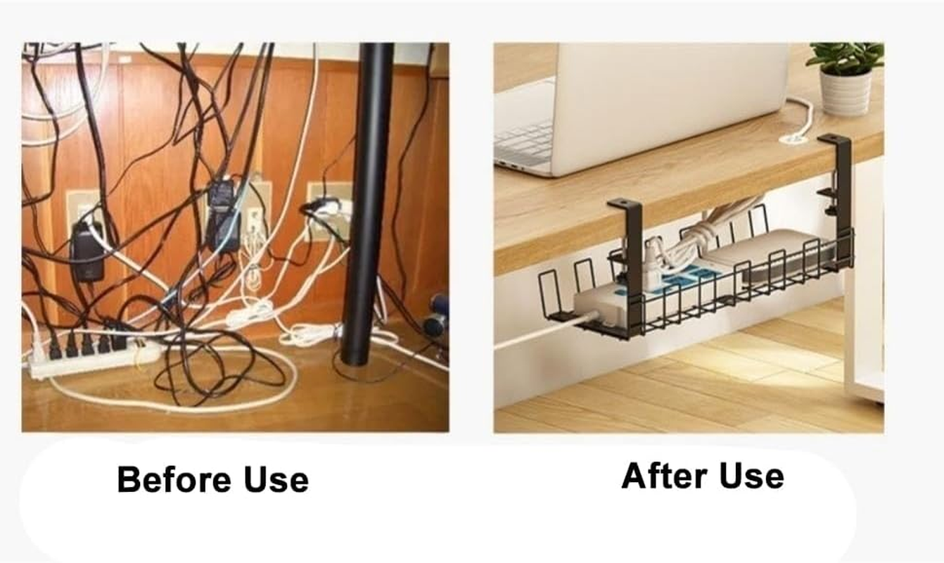 WEZCHUGHAOL under Desk Cable Management Tray, 16&rdquo; No Drill Cord Organizer with Clamps for Wire Management, 4Mm Sturdy Wire Desk Cable Organizer Tray, Cable Management Rack for Home & Office image number 2