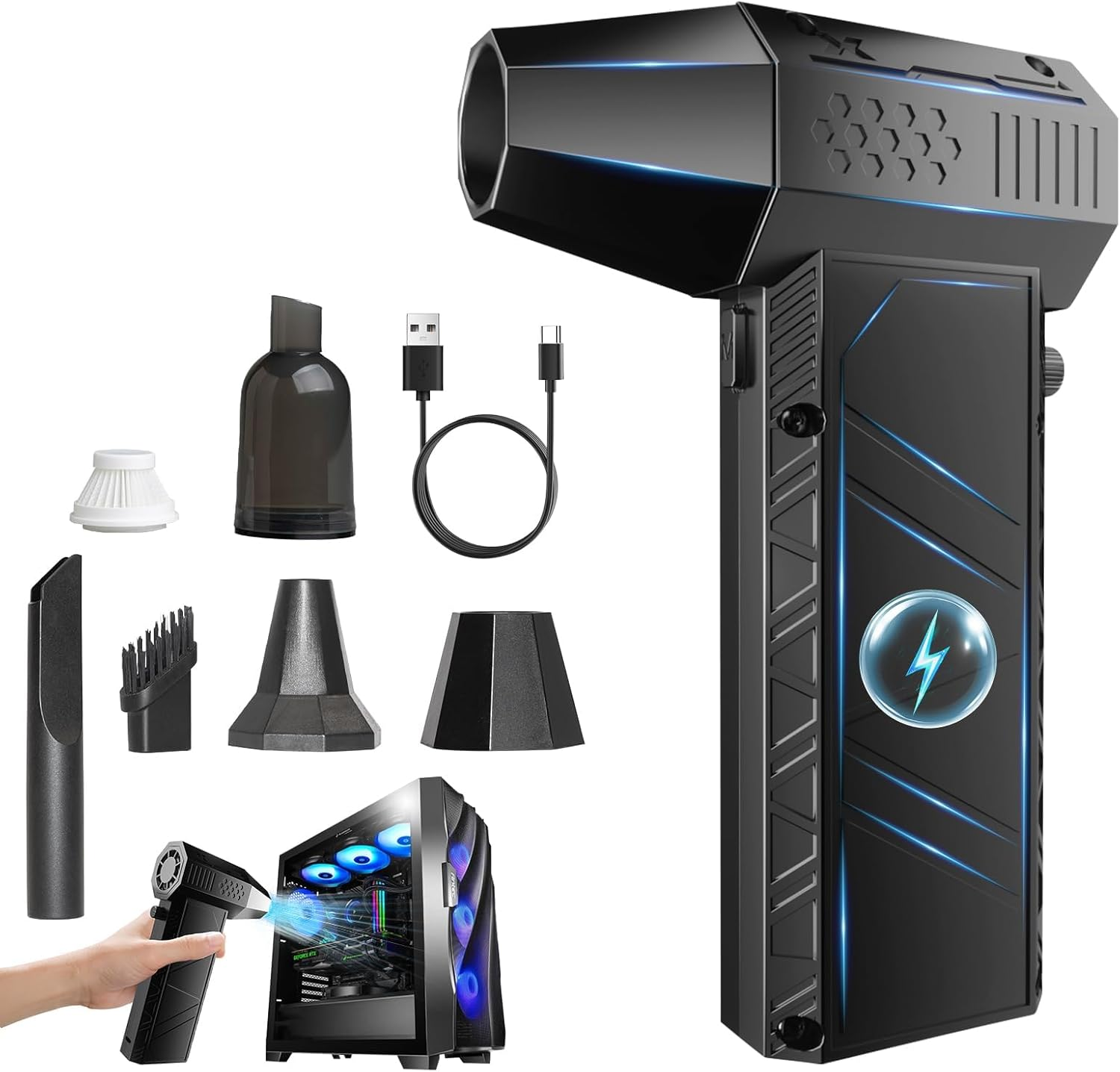 Compressed Air Duster, 140000 RPM Rechargeable Air Mini Blower, 4-In-1 Vacuum Cleaner, Fast Charging Electric Air Duster for Computer, Bed, Keyboard, Outdoors, Cars, House image number 5