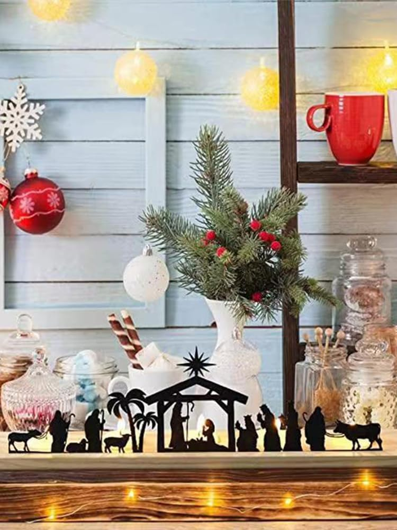 Nativity Scene Sets, Nativity Sets for Christmas Indoor, Black Metal Nativity Scene with Wooden Base, People Nativity Set Decorations for Christmas Xmas Home Table Shelf(#1) image number 4