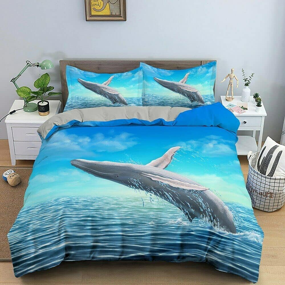 NDXRWDZR Queen Duvet Cover Set Blue Whale Duvet Cover with Zipper Closure Bedding Set for Aldult Soft Cosy Hypoallergenic Microfiber Quilt Cover Sets 210X210 Cm + 2 Pillowcases 50X75 Cm image number 1