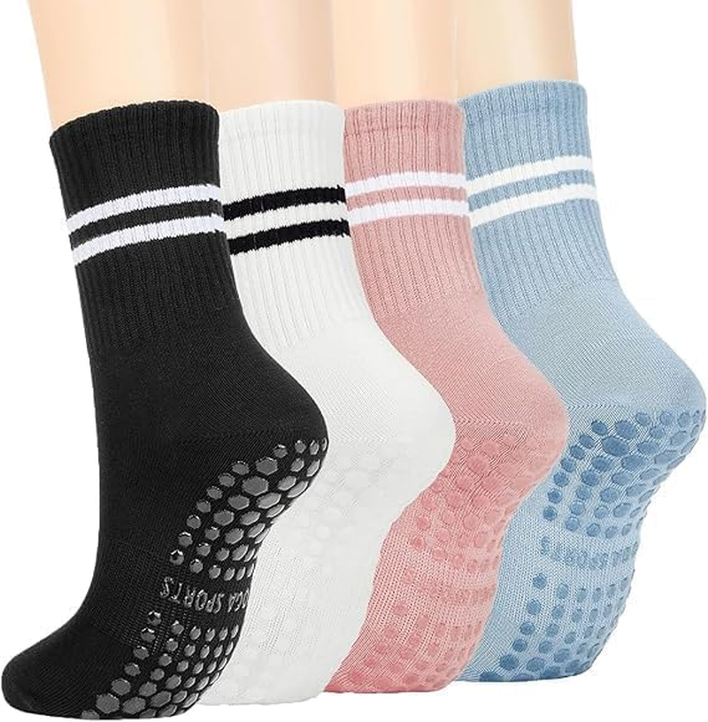 EASYNICE Yoga Socks for Ballet Dance Pilates Non-Slip Socks Women Yoga Socks with Grips for Women Barefoot Workout Pregnant Crew Socks Support Floor Breathable Soft Sport Socks 4 Pairs image number 2