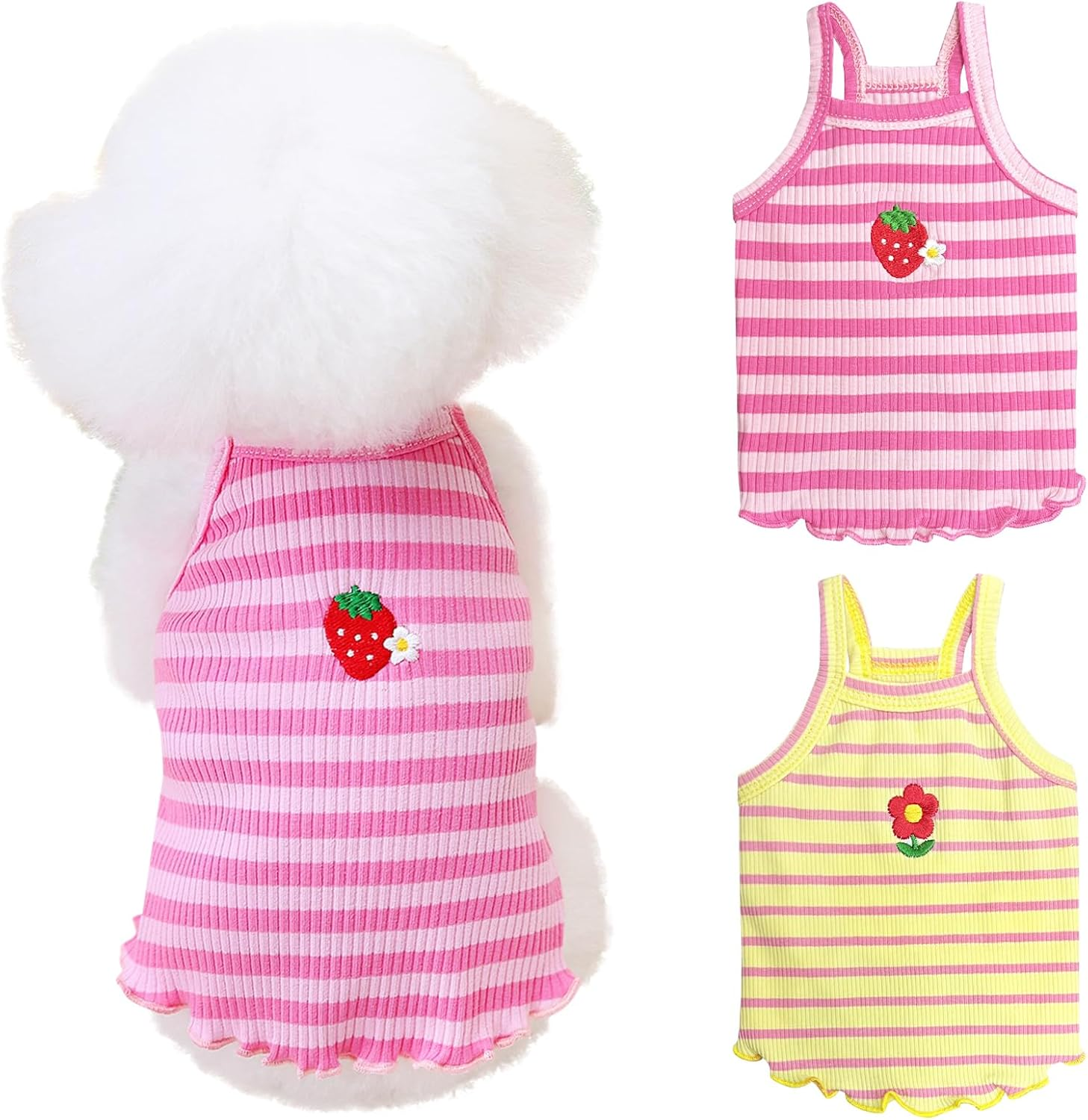 Yaopelky 2 Pieces Small Medium Dogs Summer Clothes Dog Striped Shirt Cute Flower Strawberry Embroidery Vest Pet Outfit for Chihuahua Yorkie Teddy (Pink-Green, S)