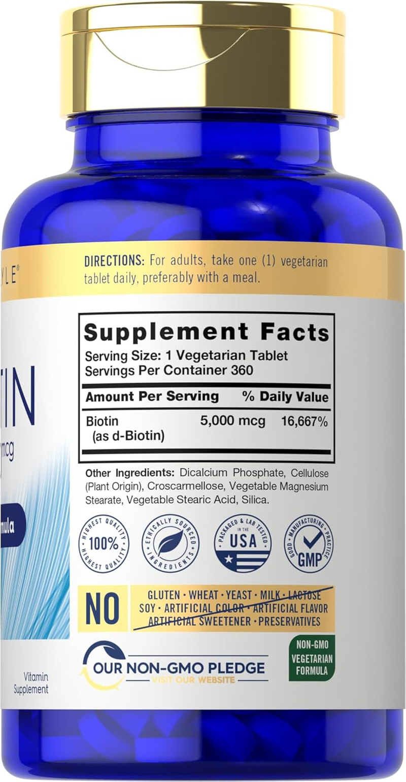 Biotin 5000Mcg | 240 Vegetarian Tablets | Beauty Formula Supplement | Non-Gmo, Gluten Free | by Carlyle image number 3