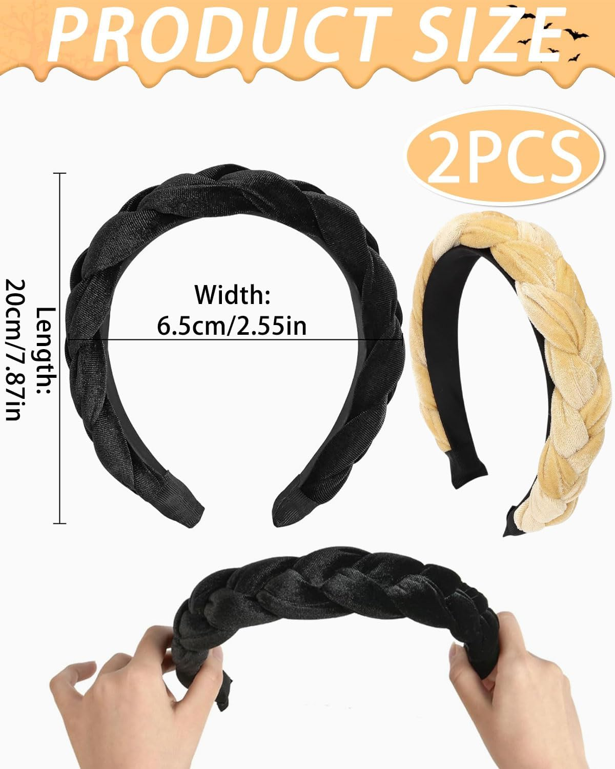 JUKOTA 2 Pieces Braided Headbands for Women, Velvet Headbands, Elastic Criss Cross Hair Bands Accessories, Wide Headband, Vintage Liner, Non-Slip Hair Accessories (Black, Beige) image number 2