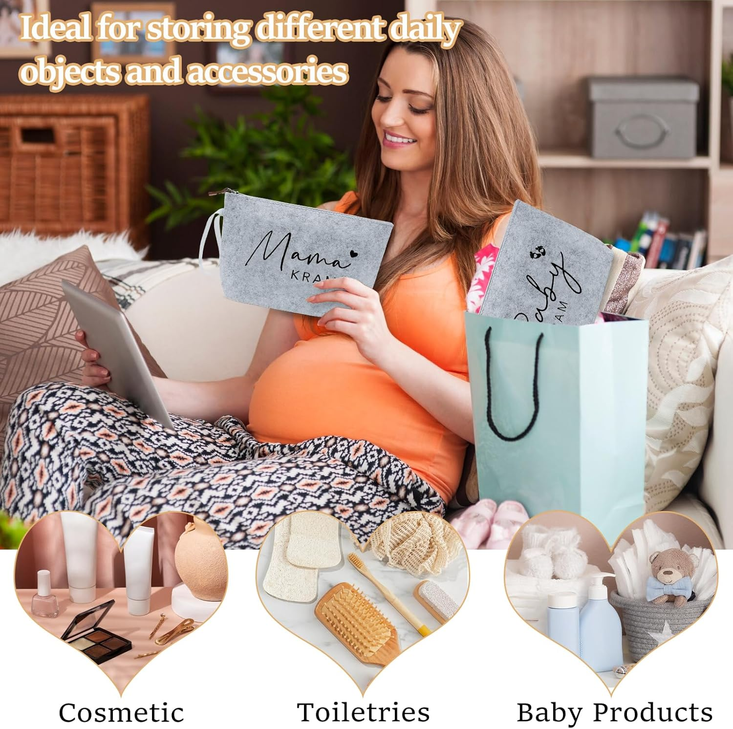 Pack of 2 Gifts for Expectant Mothers, Baby Shower Mom Bag, Cosmetic Bag Made of Felt with Zip, Gifts for Birth Felt Bag for Mum, Pregnancy Gift for New Mum, NO, No image number 6