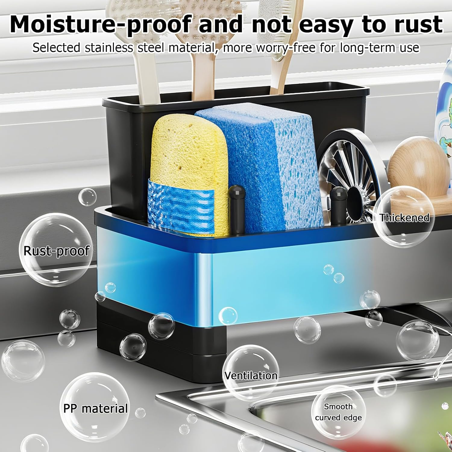 Sink Caddy, Kitchen Sink Caddy Storage with Dishcloth Holder Rack & Brush Holder and Self Drain Tray, Rustproof Sink Organiser Bench Top, Soap Dispenser Storage Accessories image number 3