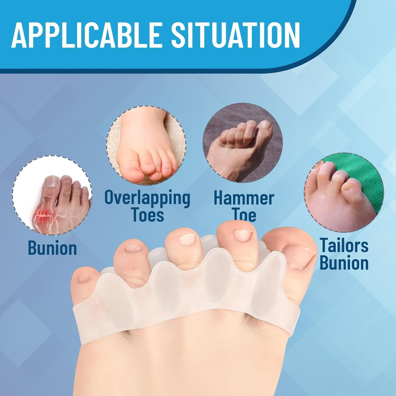 Toe Separators, 4 Pack Bridge Design Toe Spacers for Men and Women, Helps Relieve Bunion Pain, Hammer Toe and Plantar Fasciitis, Ideal for Yoga, Running and Daily Use (White and Blue) image number 5