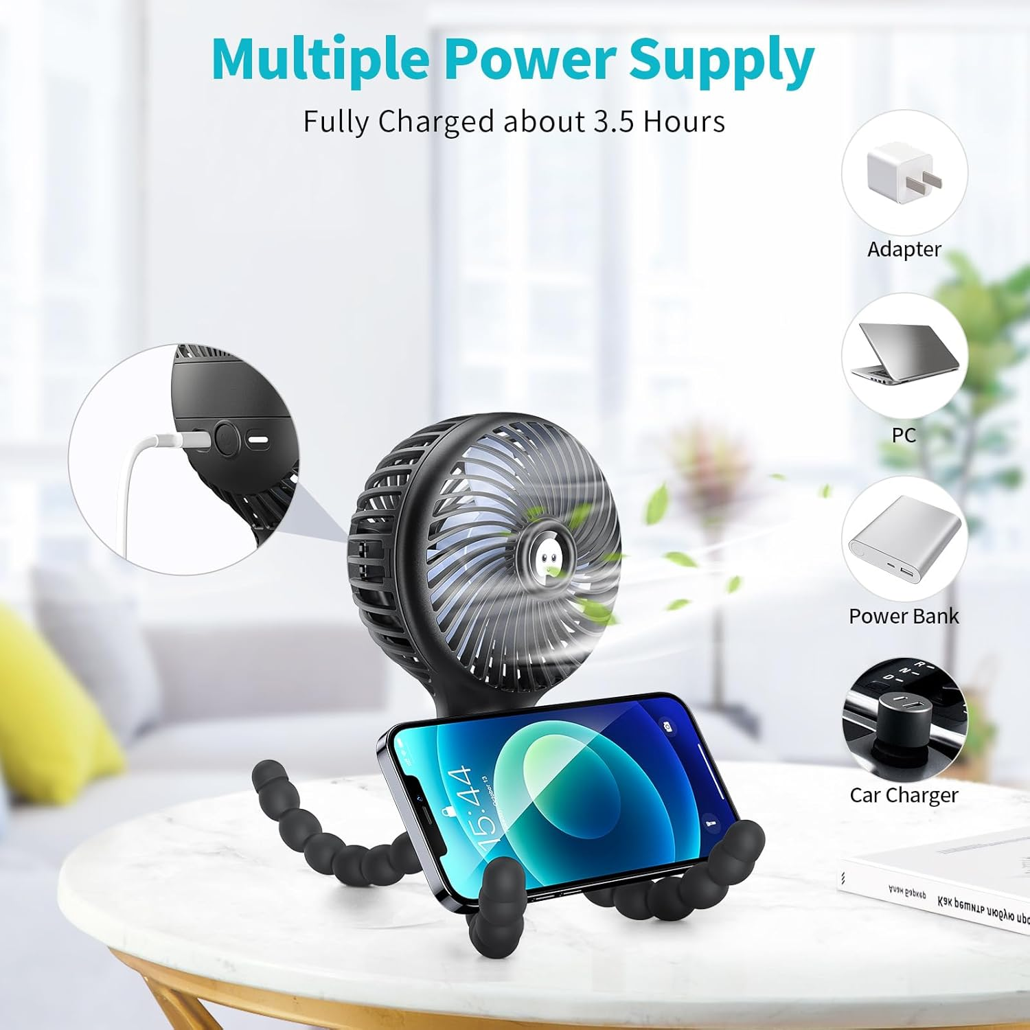 Stroller Fan, 3 Speed Portable Clip on Pram Fan for Baby, Personal Desk Fan with Flexible Tripod, Mini Handheld Fan for Car Seat, Treadmill, Camping image number 3