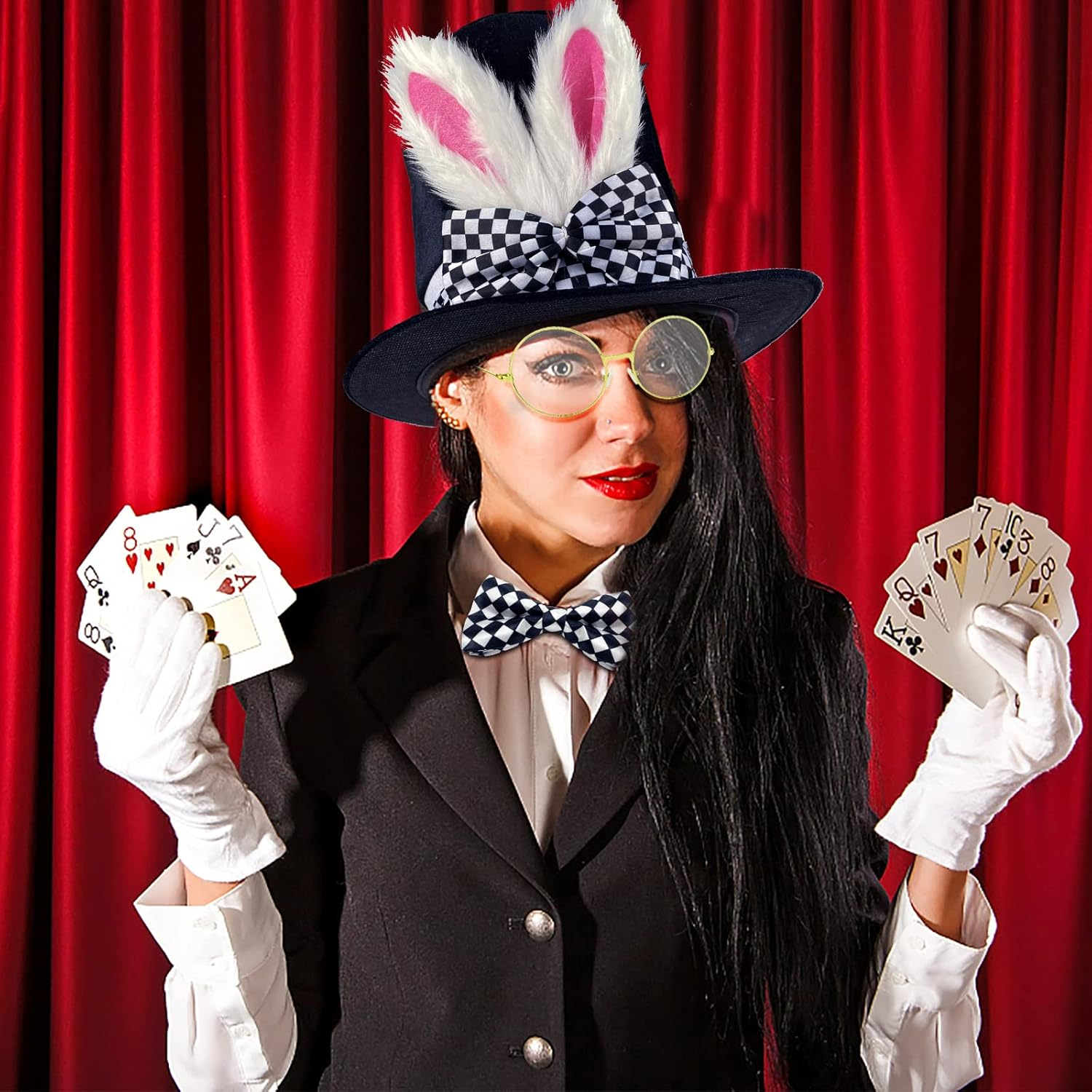 White Rabbit Costume Set Mad Hatter Costume Bunny Ear Top Hat Glasses Bow Tie Gloves for Easter Halloween Costume Accessories (4 Pieces, Multicolor) image number 5