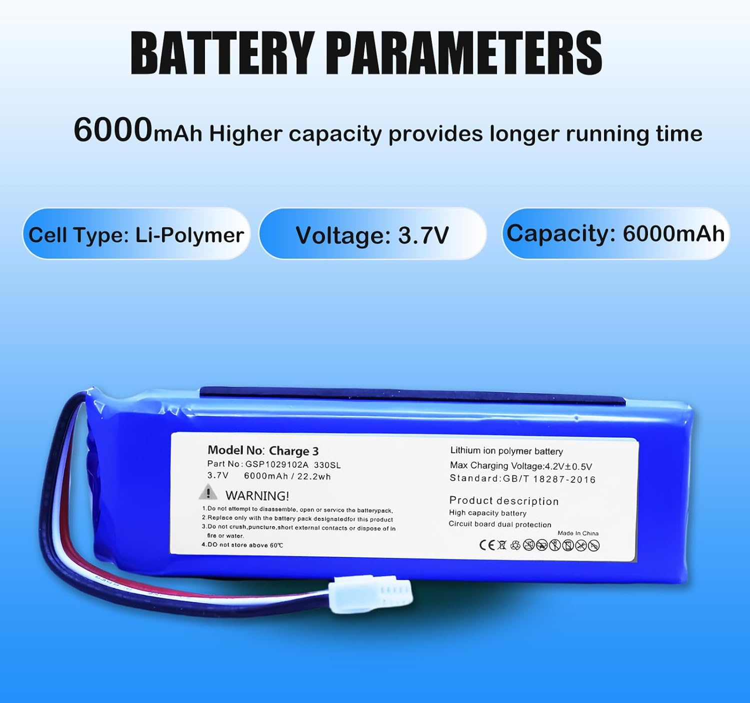 8200Mah Charge 3 Battery Compatible with JBL Charge 3 GSP1029102A 330SL Speaker 3.7V Battery image number 3