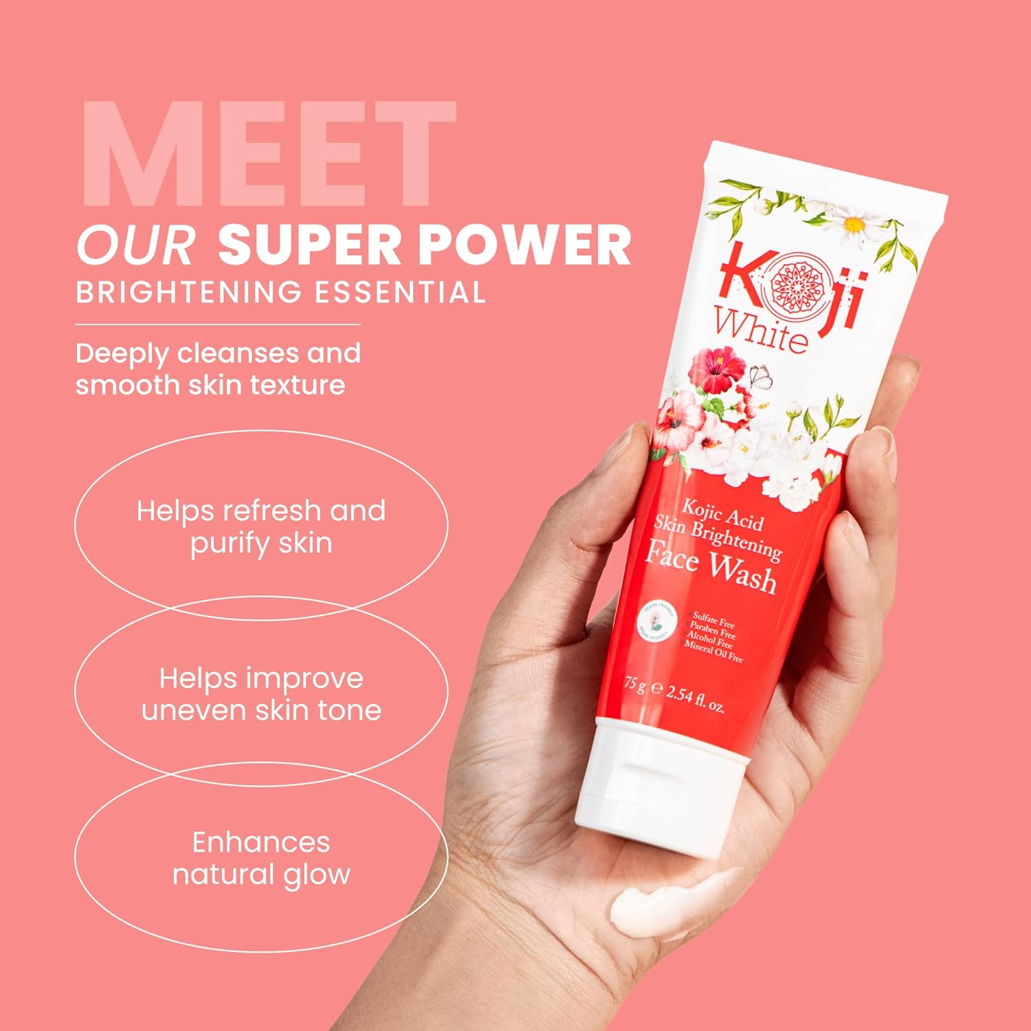 Koji White Kojic Acid Skin Brightening Face Wash for Exfoliating Face, Hydrating Face Moisturizer, Vegan Face Wash, Even Skin Tone with Vitamin C, Flower Extracts, Vitamin E, 2.54 Fl Oz image number 3