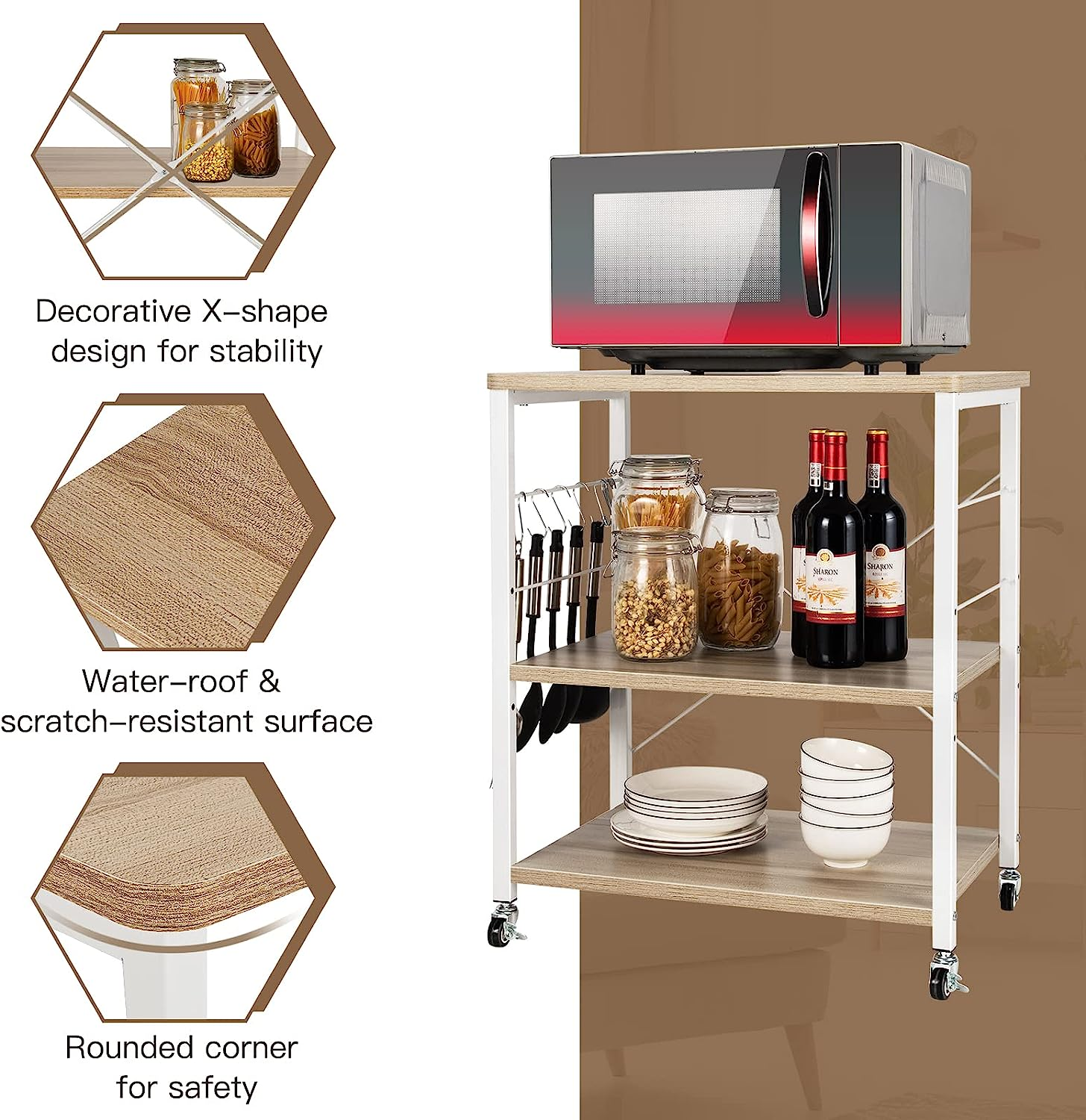 Giantex 3-Layer Kitchen Bakers' Rack Microwave Stand, Kitchen Rolling Cart with 4 Universal Wheels and 10 Removable Hooks, Coffee Cart Shelf Organizer for Living Room, Entryway (Natural) image number 5