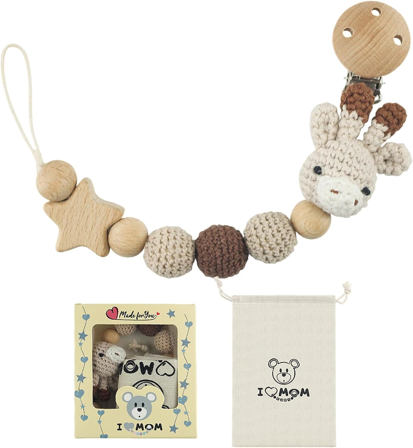 Homiliky Handmade Deer Dummy Chain & Cup Holder - Adjustable Bpa-Free Safety Strap for Pram/Pushchair, 2-In-1 Pacifier Clip & Storage Bag Accessories image number 3