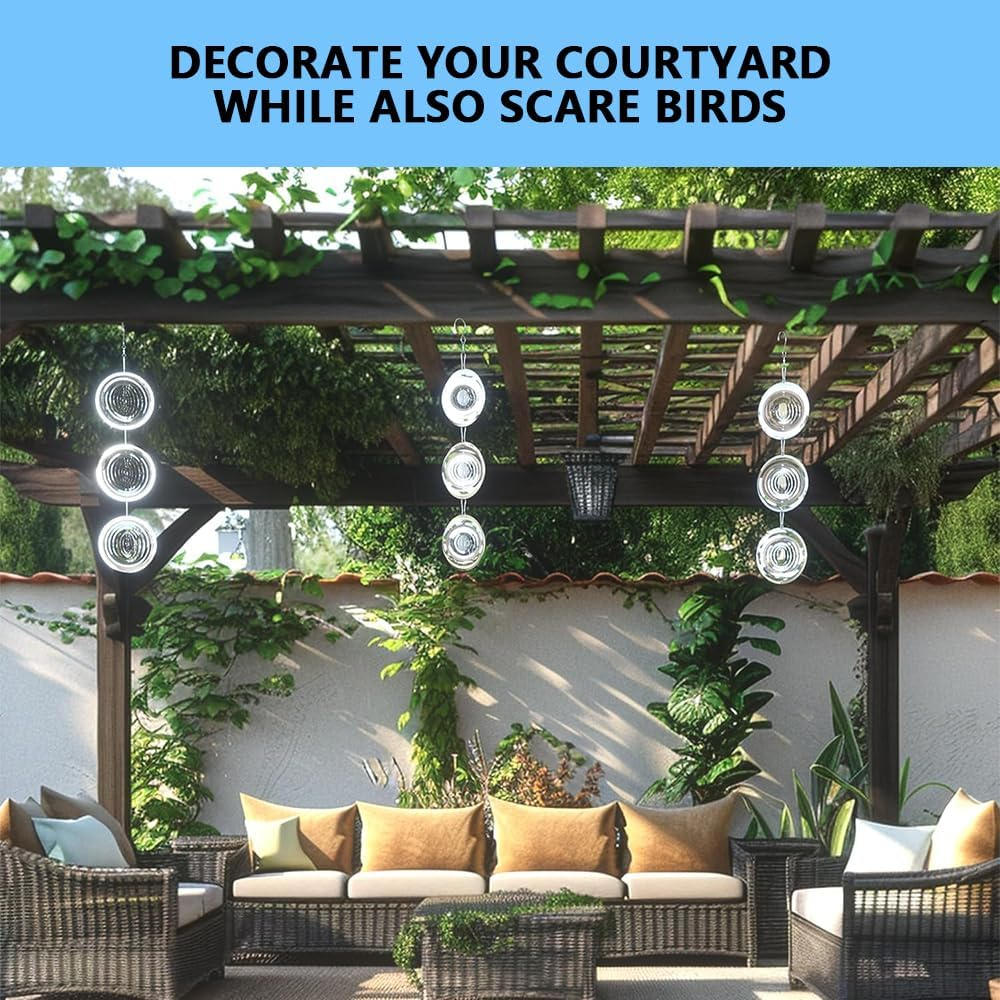 JIUSEGE 3D Reflective Bird Deterrent Set &ndash; Stainless Steel Wind Chimes & Sparkly Discs Wind Spinners for Outdoor Garden Decor, Keep Woodpeckers & Pigeons Away from Your House, Garden, Boat & Orchard image number 5