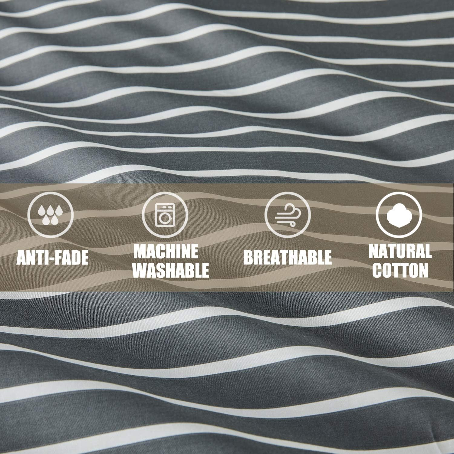 JELLYMONI 100% Natural Cotton 3Pcs Striped Duvet Cover Sets, Dark Grey Duvet Cover with White Stripes Pattern Printed Comforter Cover, with Zipper Closure & Corner Ties(Queen Size) image number 3