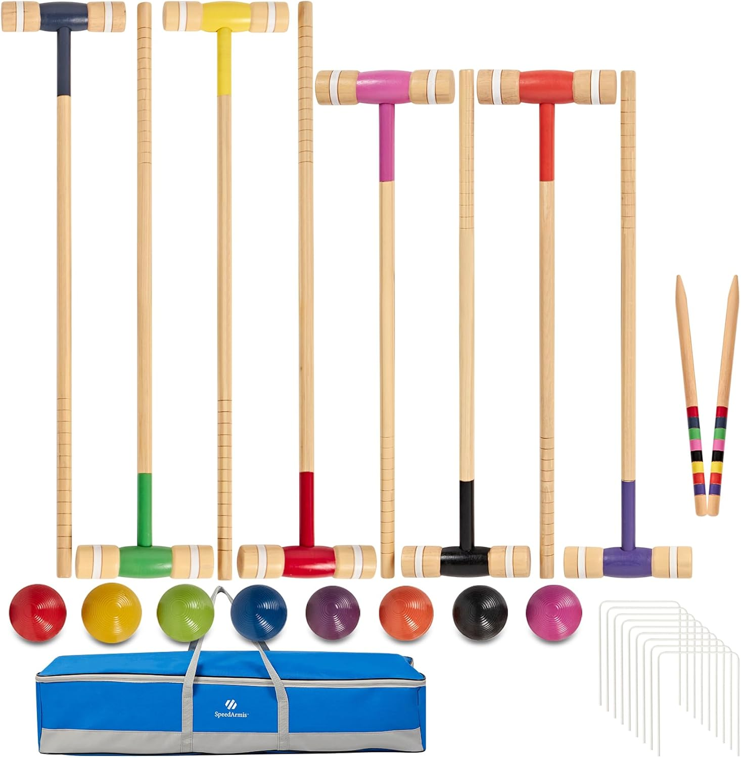 Speedarmis 8 Players Croquet Set with 32In Regulation | 28In Standard Size Rubber Wood Mallets, Colored PE Ball, Wickets, 21In End Stakes - Lawn Backyard Game Set for Teens/Adults/Family image number 6