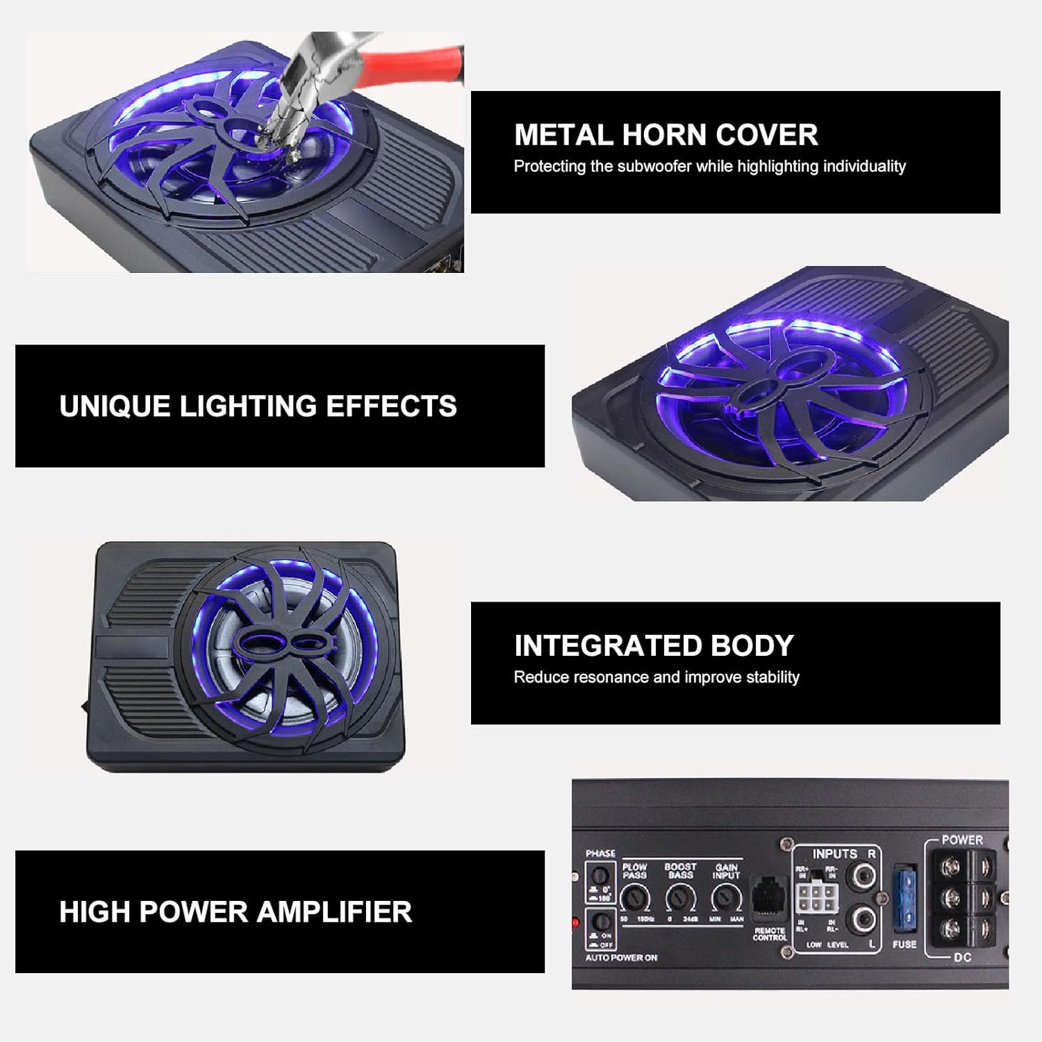 Under Seat Active Car Subwoofer, 10In 800W Slim Underseat Powered Truck Subwoofer with LED Atmosphere Light for Cars and Trucks, Excellent Heat Dissipation (Blue)