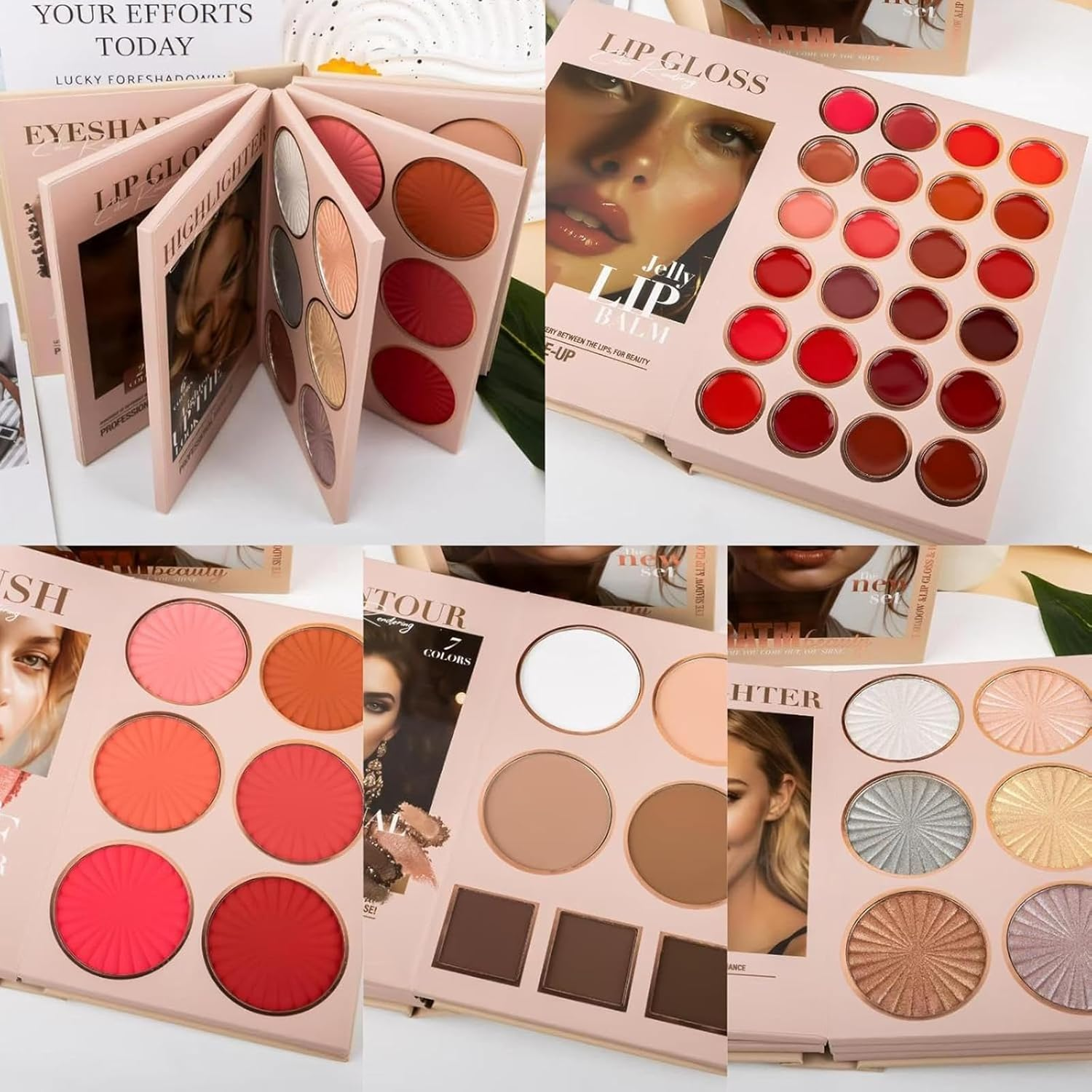 24-Color Eyeshadow Palette - 5-Layer Book-Style Makeup Palette with 67 Pro Shades, All in One Makeup Palette with Eyeshadow, Lipstick, Blush, Contour & Highlighter, Waterproof and Long-Lasting (Mix*2Pcs) - Rose Bloom image number 7