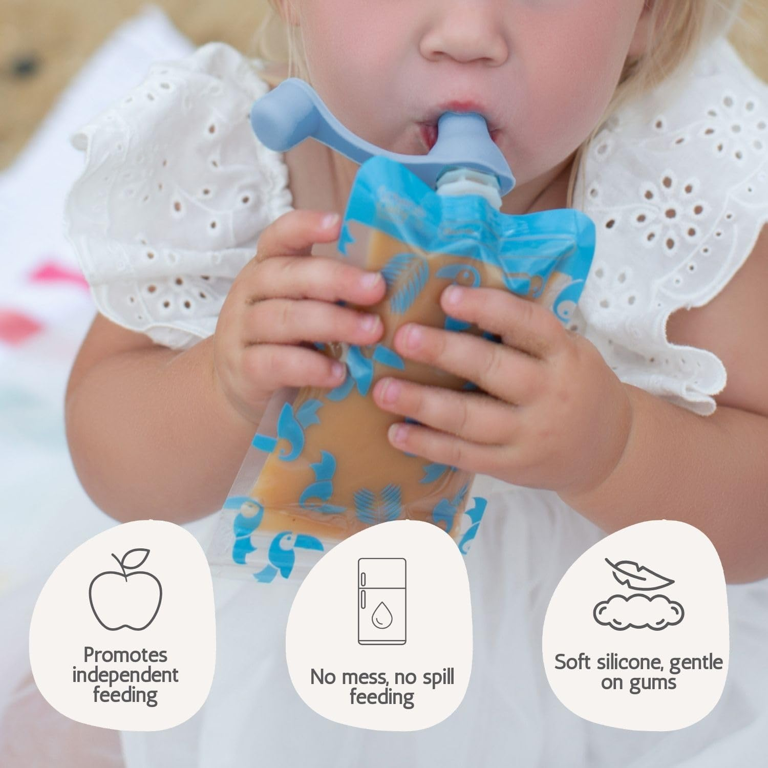 Cherub Baby Silicone Reusable Baby Food Pouch Topper Attachment Soft Non-Spill Spouts 2PK with Travel Case - Cerulean/Sage image number 1