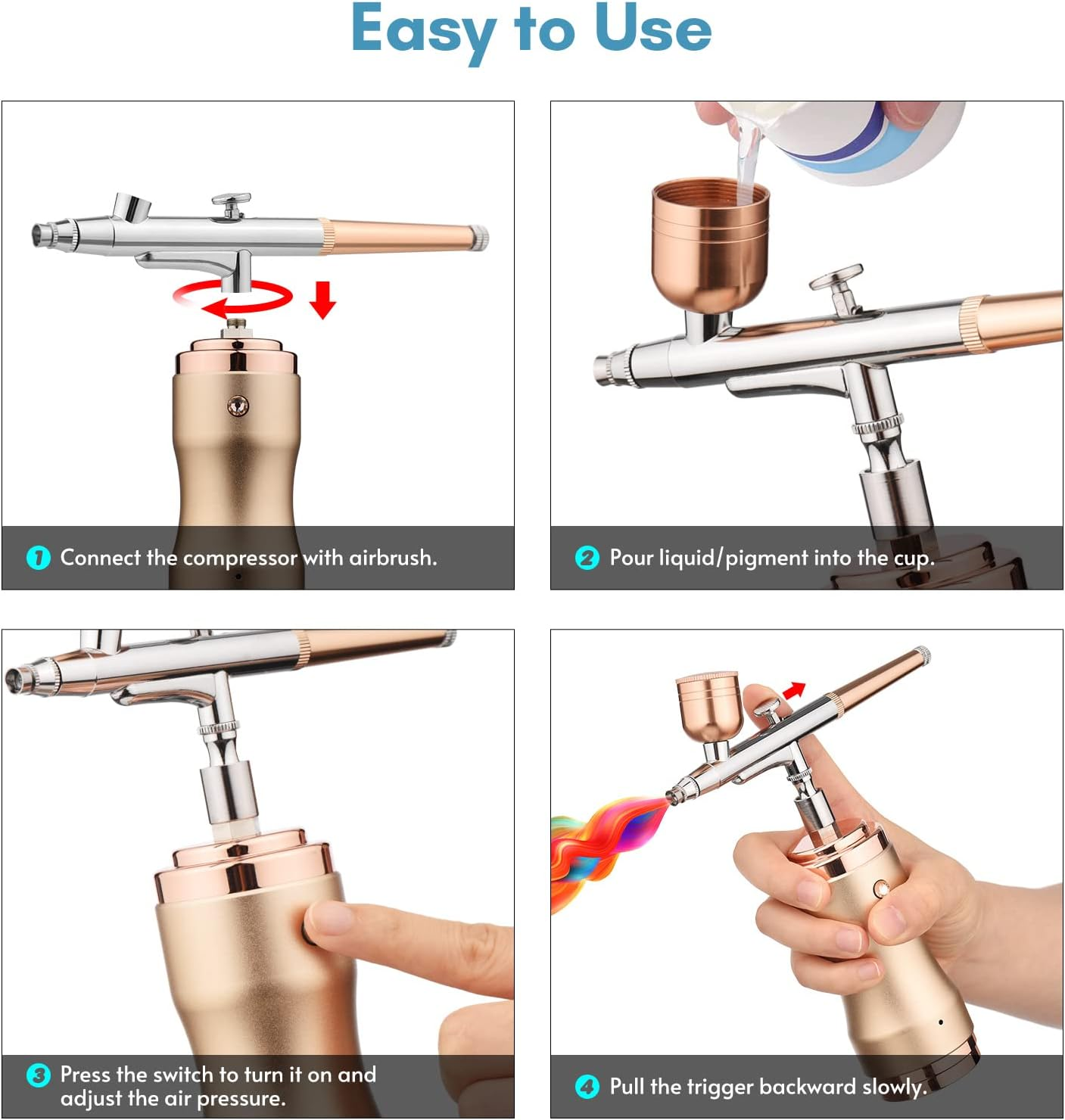 Eacam Portable Airbrush Kit with Compressor Handheld Cordless Air Brush Pen Dual-Action 3-Level Adjustable Pressure Built-In Battery for Painting Model Coloring Nail Art Makeup Cake Decorating - Silver image number 6