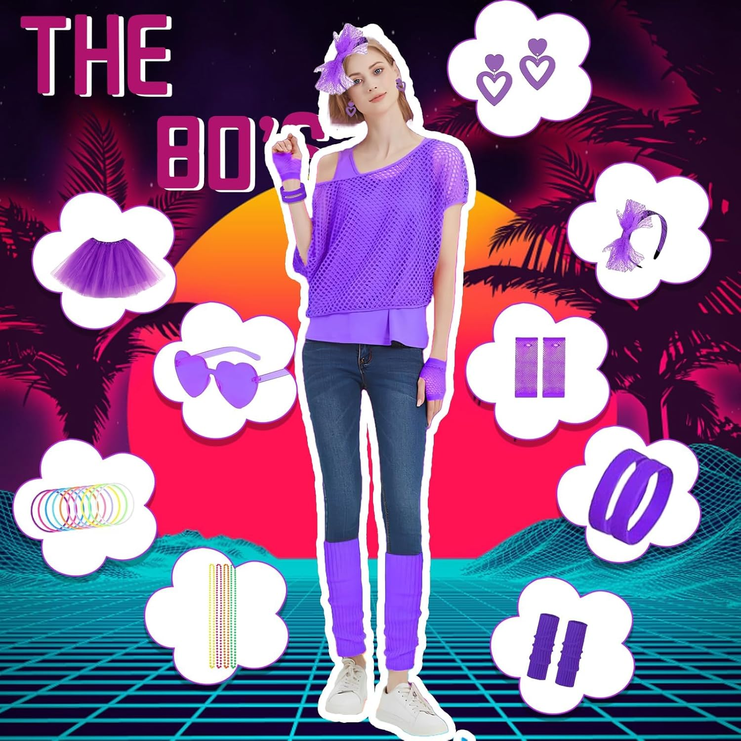 80S Party Decoration Costume Set, 80S Fancy Dress for Women with Leg Warmers,Sunglasses, Tutu Skirt, Earrings, Fishnet Gloves, Necklace, Party Costume Accessories Set for Retro Theme Party image number 6