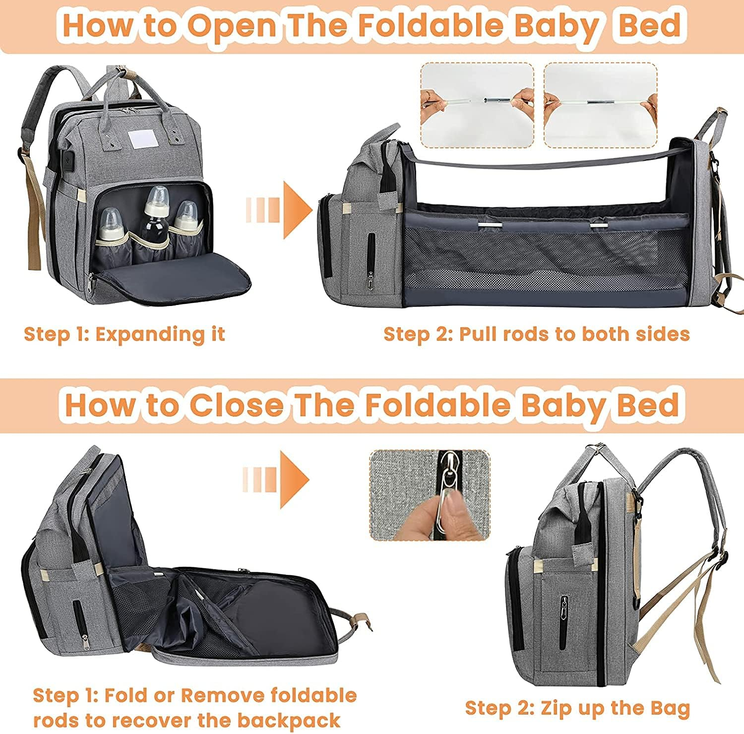Fashionable Mommy Bag Folding Baby Bed Mother Large Capacity Portable Milk Bottle Diaper Double Shoulder Mom'S Bag image number 3