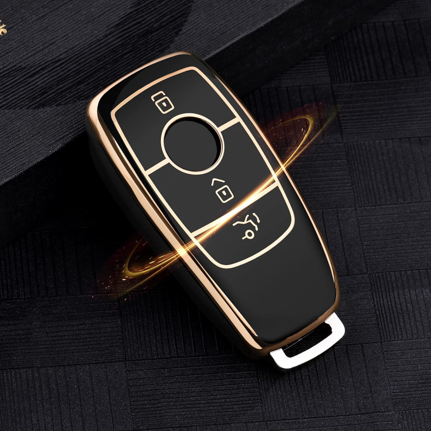 OATSBASF Key Cover for Mercedes,Car Key Protective Cover for Mercedes Benz E Class 2017 S 2018 Remote Fob Key (Golden Edge-Black) - Blue Stripes image number 7