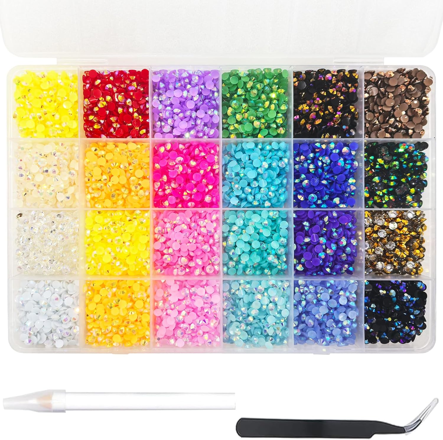 12000Pcs Nail Art Rhinestones, Betterjonny 24 Colors 4Mm round Nail Flatback Rainbow Gems Set with Tweezers and Pencil AB Glitter Flat-Bottomed Rhinestone for Crafts Decoration and Jewelry Making