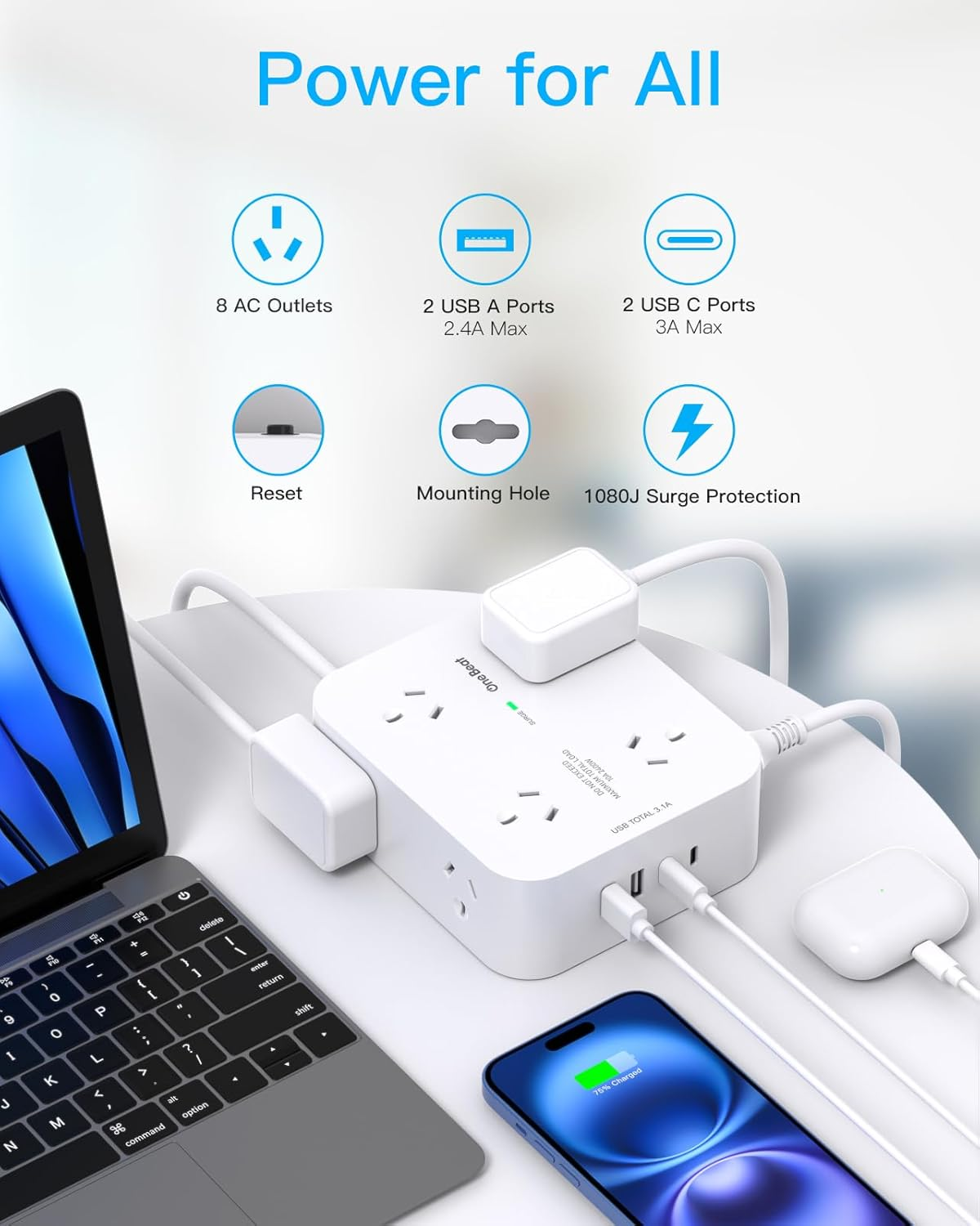 Power Board Surge Protected, 8 Outlets with 4 USB (2 USB C) Charging Ports, Multi Plug Outlet Extender,1.2M Extension Cord, Flat Plug Wall Mount Desk Charging Station for Home Office Dorm image number 4