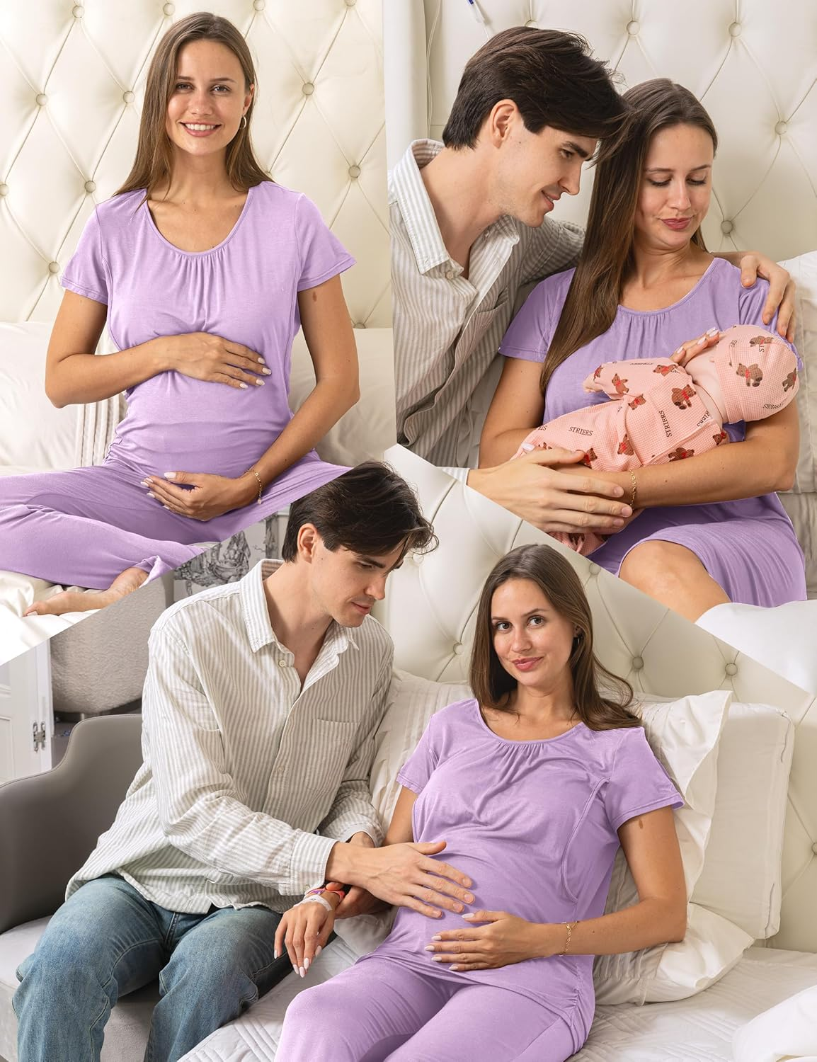 SUNNYBUY Women 3 PCS Maternity Nursing Nightgown Dress & Short Sleeve Breastfeeding Top & Pregnancy Pants Sleepwear Set