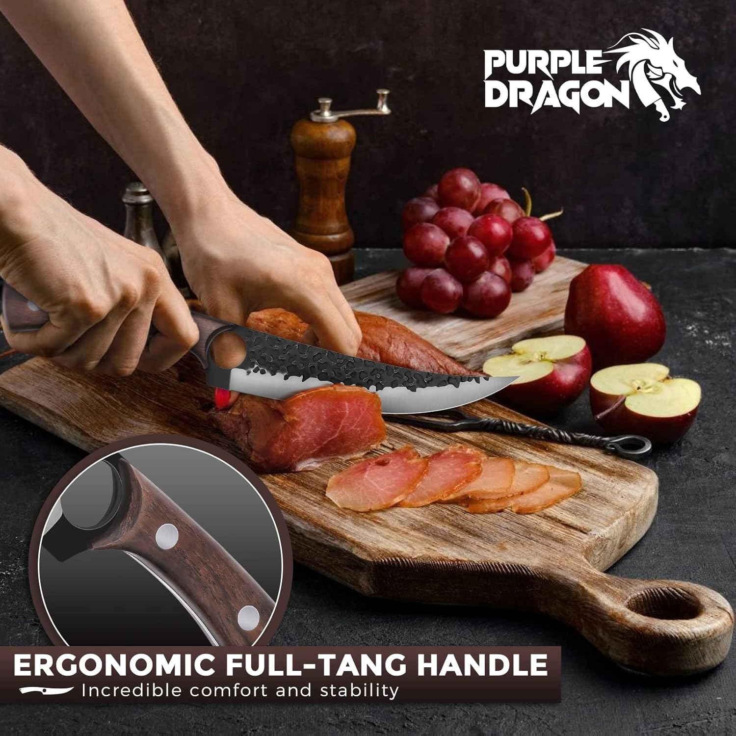 Purple Dragon 7 Inch Boning Knife Hand Forged Fillet Knife Full Tang Chef Knife Meat Vegetable Cleaver High Carbon Steel Kitchen Knife for Fish Meat Deboning with Gift Box for Home Kitchen Restaurant image number 5