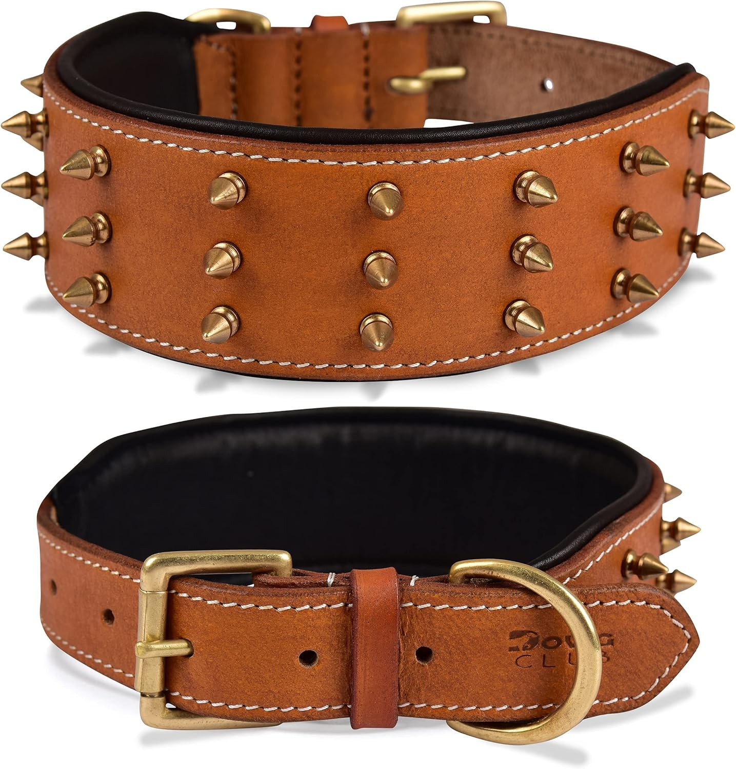 Dowgclub | Genuine Leather Spiked Dog Collar | Full Grain, Heavy Duty | Comfortable, Strong, Best for Medium, Large, XL Breeds | (L (Fit Neck Size 18.5"-22.5"), Brown with Gold Spikes) image number 5