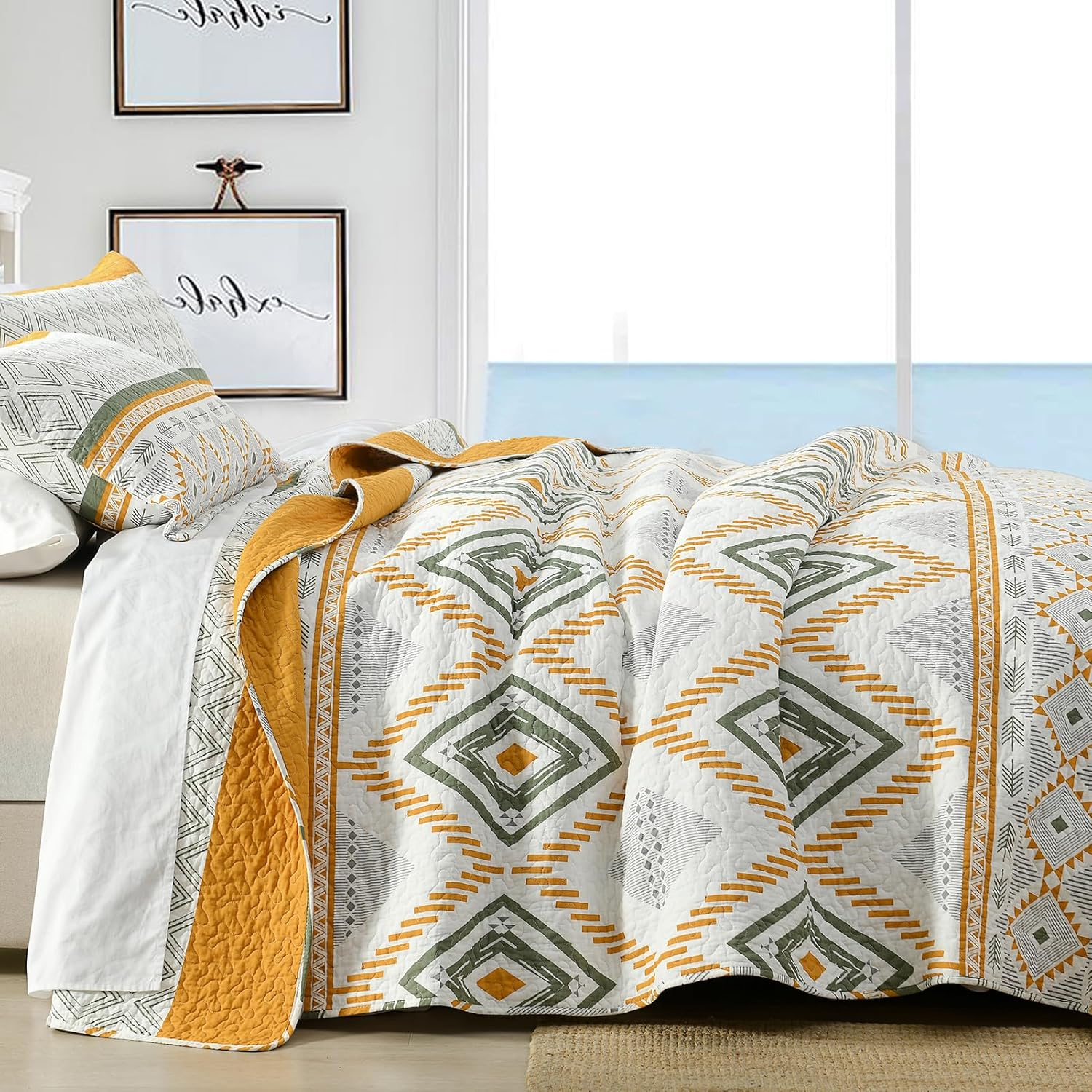 100% Cotton Quilted Bedspread Coverlet Set Queen Size, Lightweight Quilt with 2 Pillow Shams, Geometric Bedding Set Bed Blanket, Orange image number 7