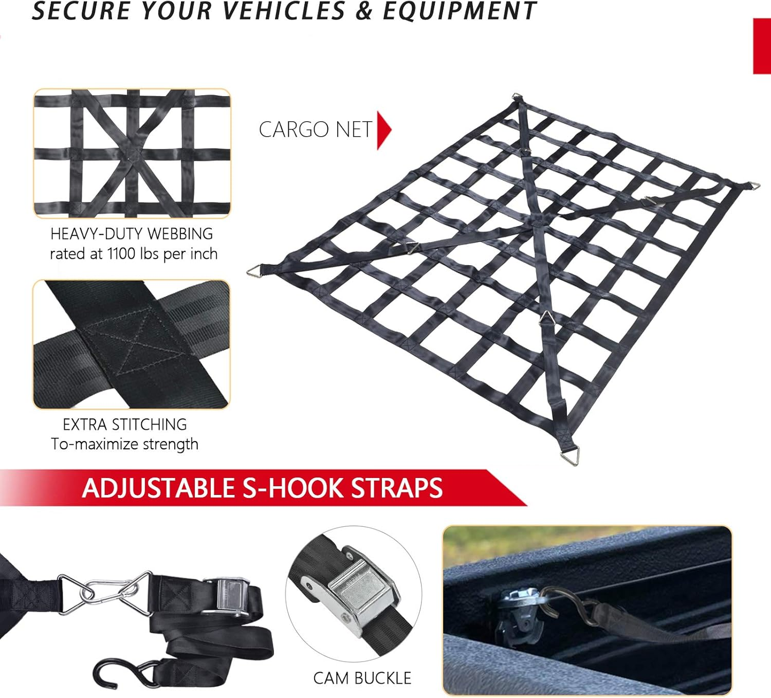 Surmountway Cargo Net for Pickup Truck Bed (66" X 50") - Heavy Duty with 1100LBS Capacity, Cam Buckles & S-Hooks - for Trailer Trucks with Cross Strap image number 2