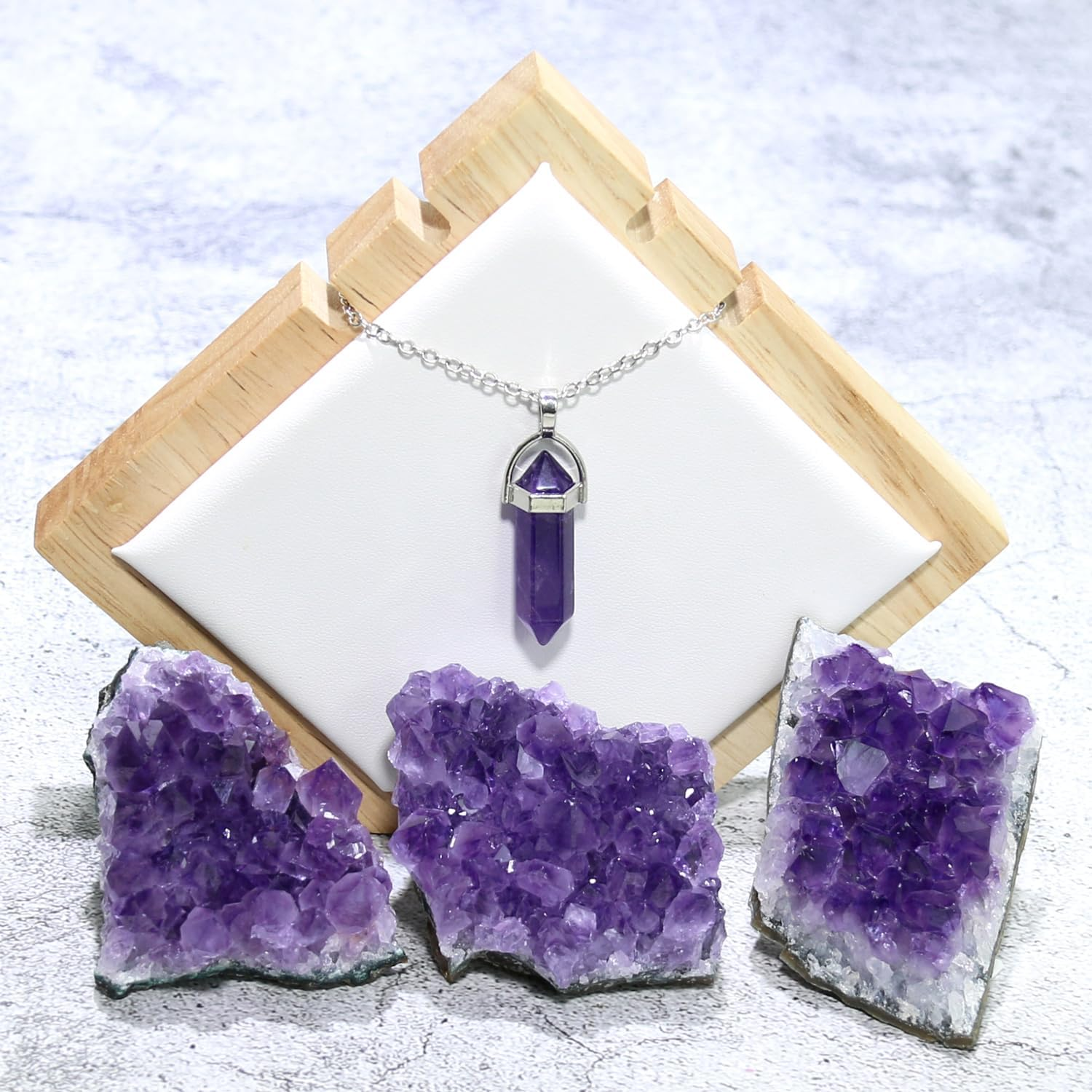 Amethyst Crystals with Amethyst Wand Necklace, Amethyst Clusters, Amythestyst Crystals, Purple Crystal, Amathesis Crystal, Raw Amethyst Stone, Natural Amethyst Geode, about 0.2 Lb image number 1