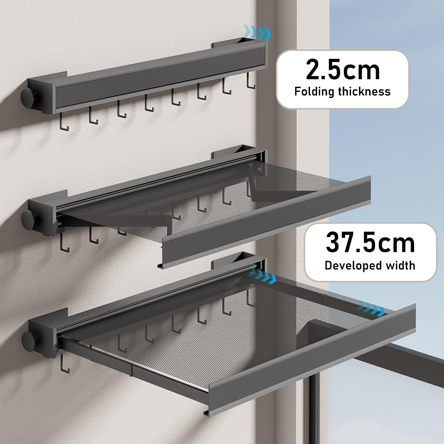 Uandhome Foldable Clothes Drying Rack, Aluminum Mesh Hanger, Wall Mounted, 8 Hooks, Laundry Drying Rack for Bathroom, Balcony, Wash Basins (Black, 64Cm) image number 2