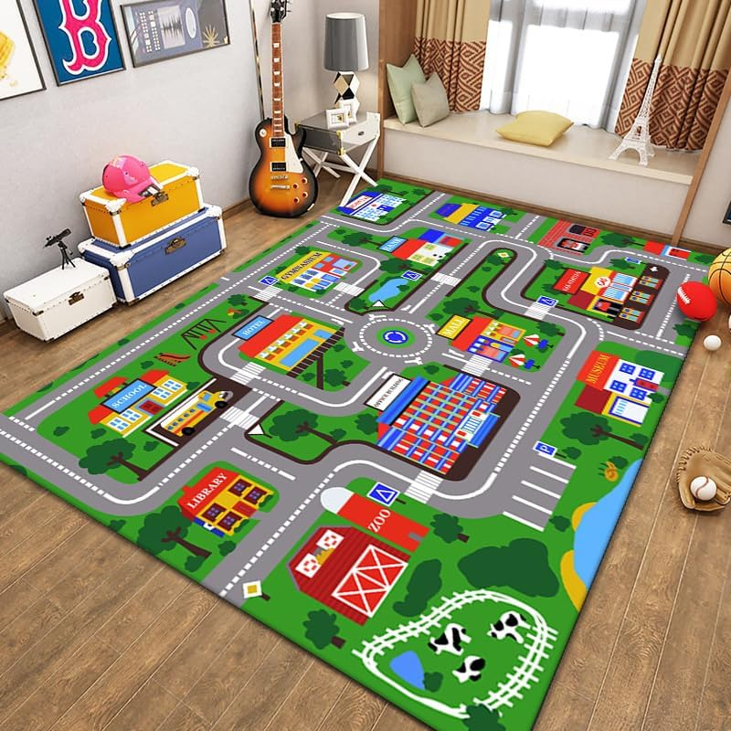 Kids Play Rug Carpet Town City Industrial Farm Road Car Mat 160X120Cm Kids Playmat Exercise Mat Learning Educational Area Rug for Children Boy Girl Kids Bedroom Playroom (Style B, 120X160Cm)