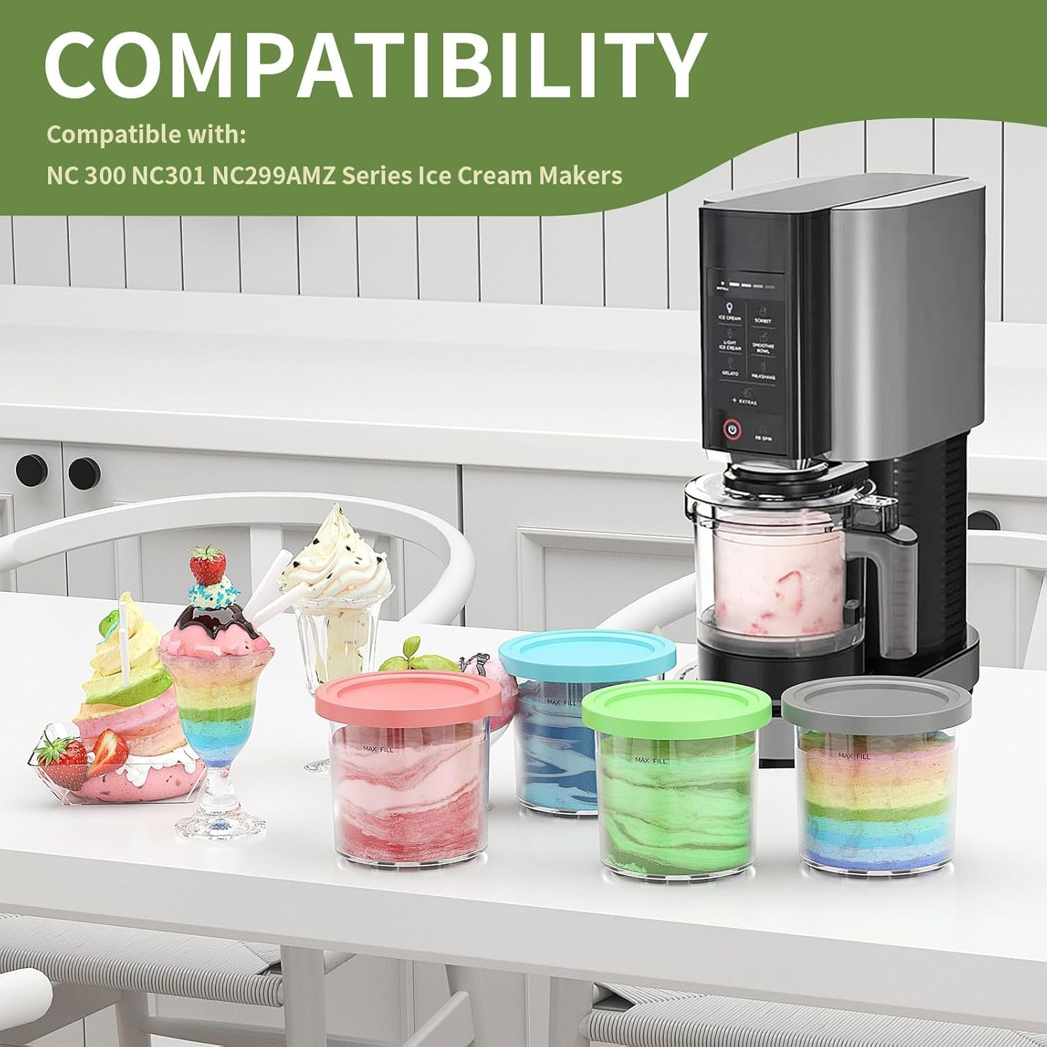 MKUCCD Creami Pints and Lids for Ninja - 4 Pack, 16 Oz Cups Compatible with NC301 NC300 NC299AMZ NC290 Series Ice Cream Maker-Dishwasher Safe, Bpa-Free, Leak Proof