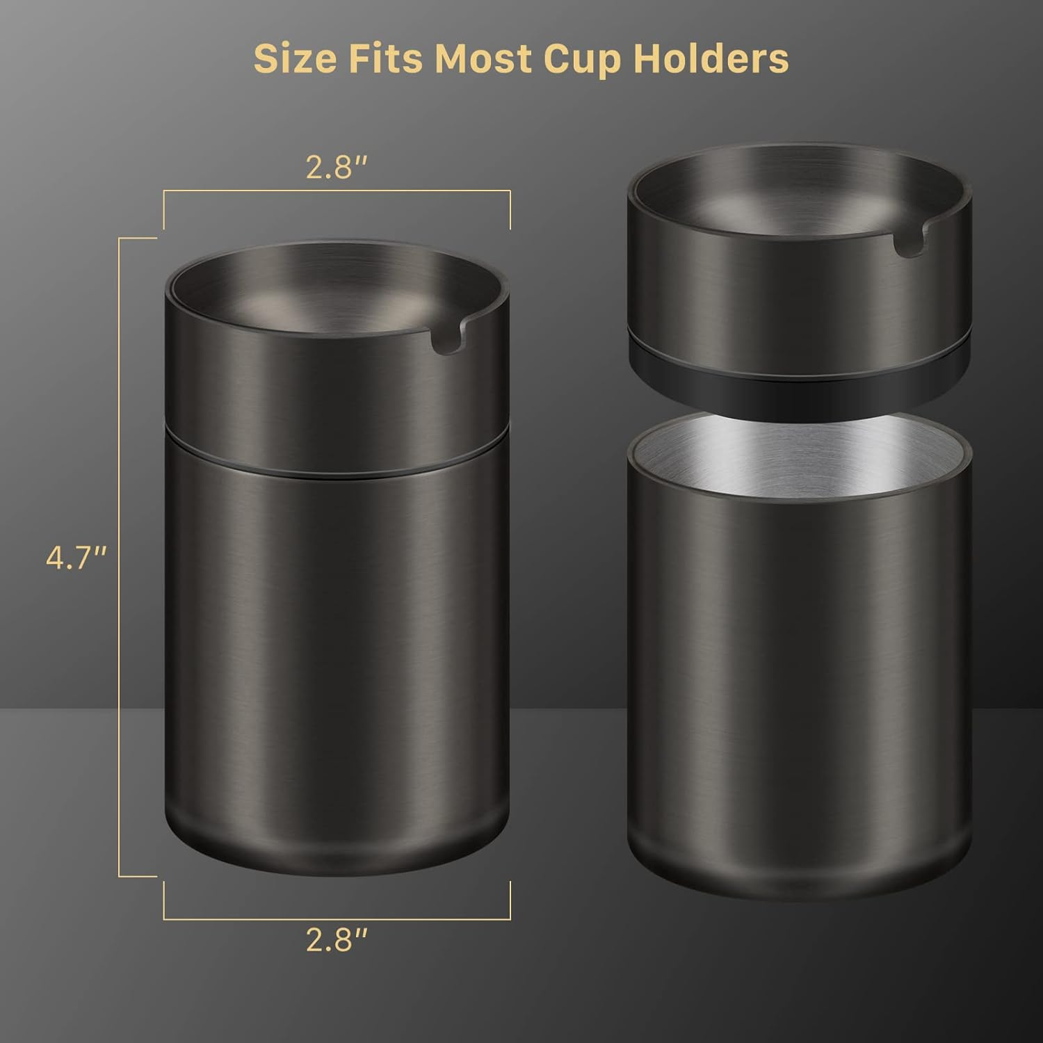 Black Car Ashtray,Cigarette Ashtray with Lid Suit for Most Car Cup Holder,Extinguished Unbreakable Stainless Steel Ashtray for Car Home Office Outdoor Use image number 5