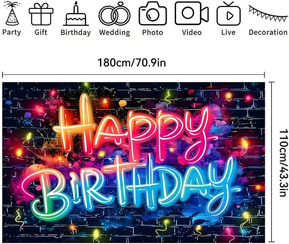 Neon Glow Happy Birthday Backdrop Banner,Glow in the Dark Brick Wall Funny Graffiti Colorful Painting Splatter Photo Background for Party Photos Shoot & Celebratory Decor (180 * 110Cm) image number 4