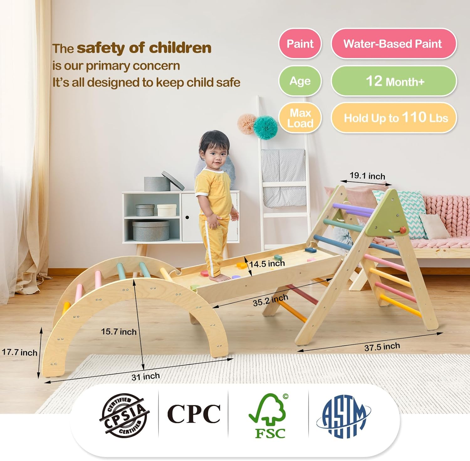 Pikler Triangle Set Montessori Toddler Climbing Toys Indoor, Foldable for 1-3 Inside, 3 Piece Baby Gym Indoor Playground image number 1