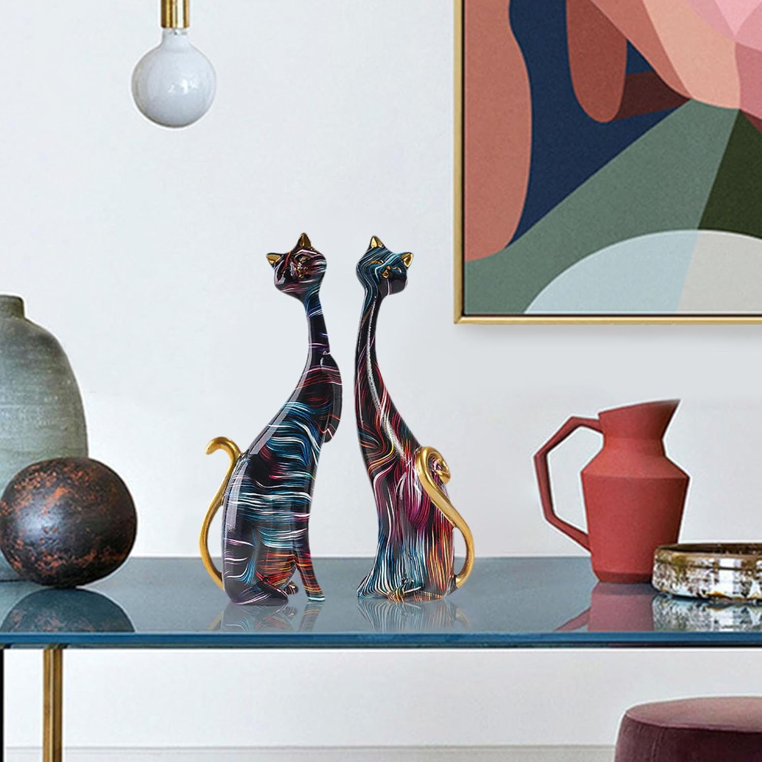 Cat Statues Home Decor | Abstract Resin Cat Figurines | Colorful Cat Statue, Oil Painting Cat Couple Sculptures Set, Modern Resin Figurines for Home Decor Living Room Bathroom Buniq image number 2