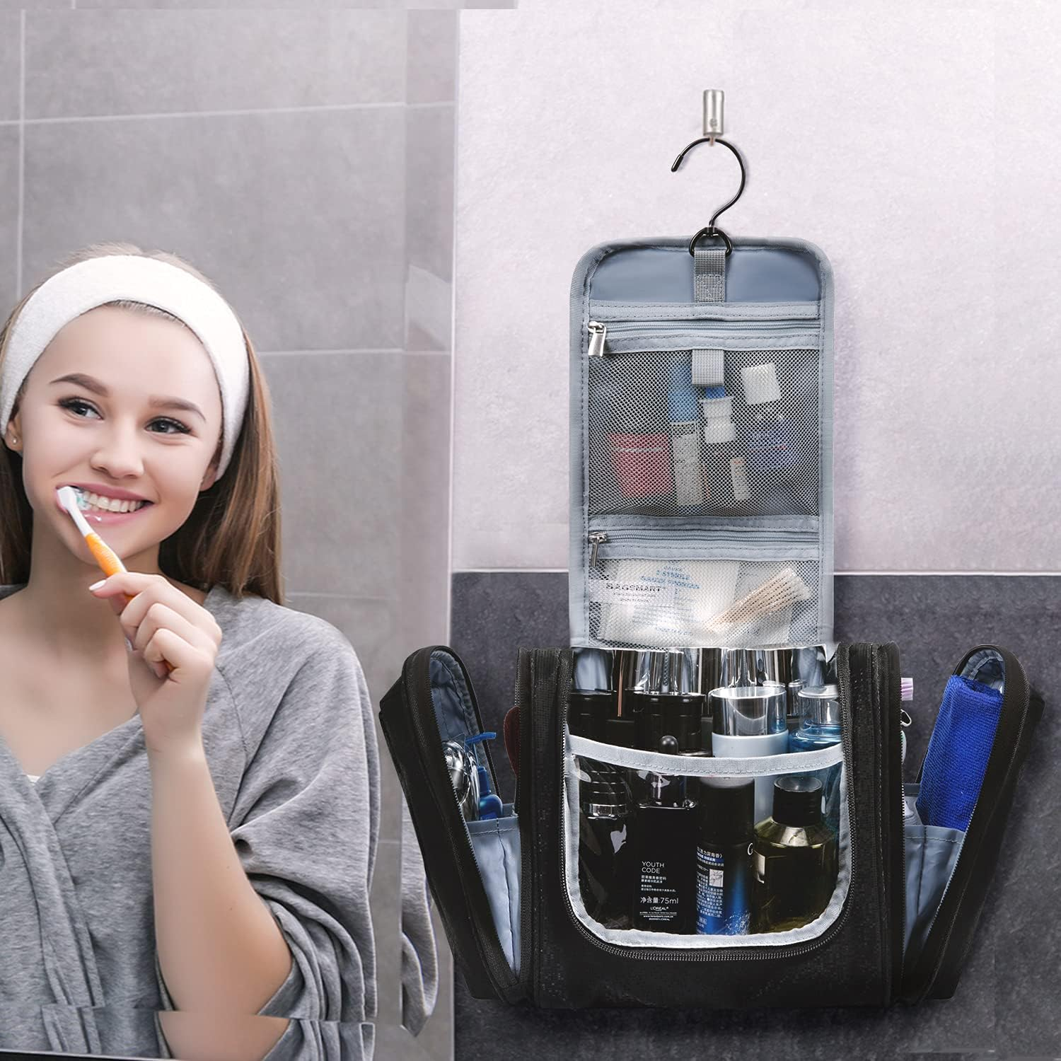 BAGSMART Toiletry Bag for Women, Travel Toiletry Organizer with Hanging Hook, Water-Resistant Cosmetic Makeup Bag Travel Organizer for Shampoo, Full Sized Container, Toiletries, Black, Medium, image number 7