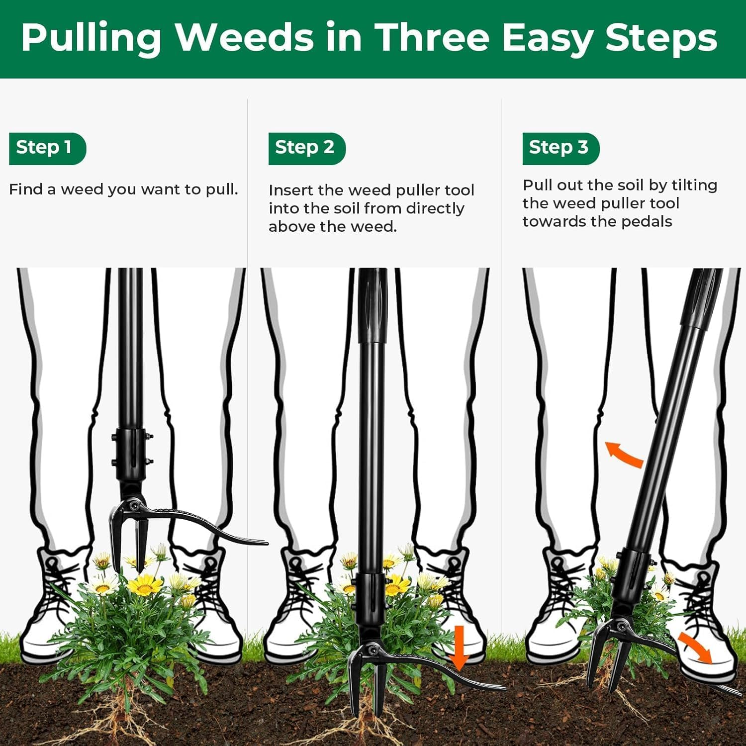 Weed Puller Tool for Garden Weed Digging Tools Weed Puller with 50" Long Handle 3 Section 4 Claw Head Design for Stand up Suitable for People of Different Height Garden Tools image number 4