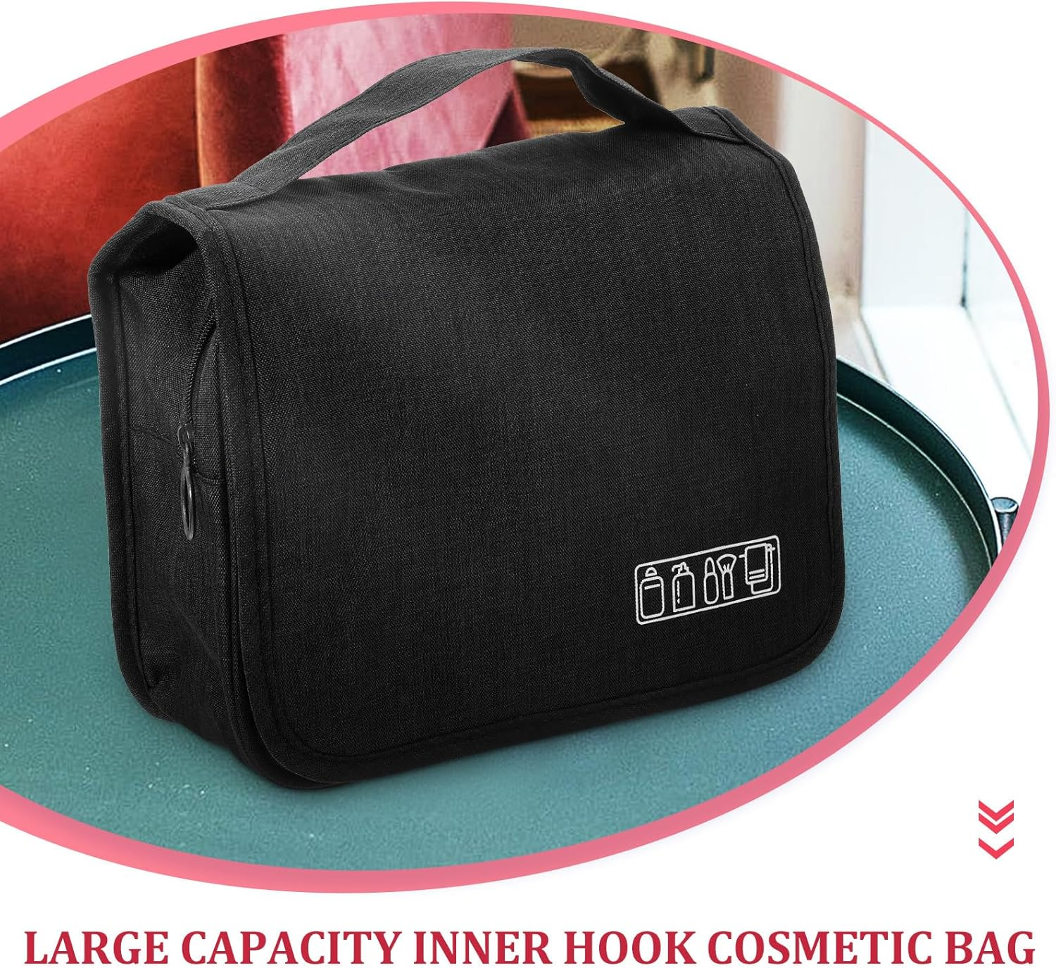 PHENOFICE Large Capacity Travel Hanging Toiletry Bag with Multiple Pockets and Hook, Compact Black Cosmetic Organizing Bag for Men and Women, Portable Zipper Makeup and Skincare Organizer image number 4