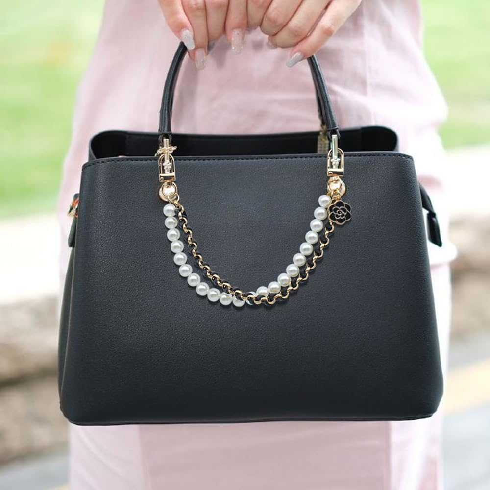 AIFUDA 2 Pcs Pearl Handbag Chain Purse Charms Black Gold Pearl Purse Chains Extender Decorative Bag Charms for Handbags Crossbody Shoulder Bag image number 2