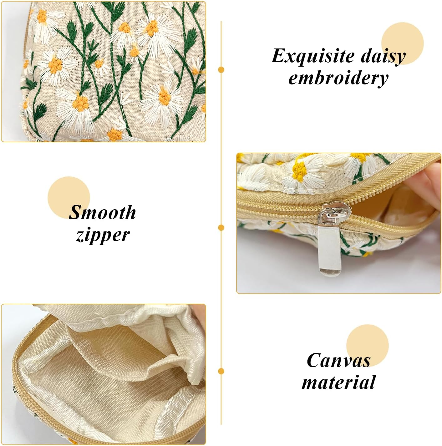 ATBUSS Pack of 3 Bags, 3 Keychains, Large Capacity Canvas Bags, Flower Shaped Clutches, Beauty Storage Bags, Fresh Daisy Pendants, Gifts for Friends image number 4